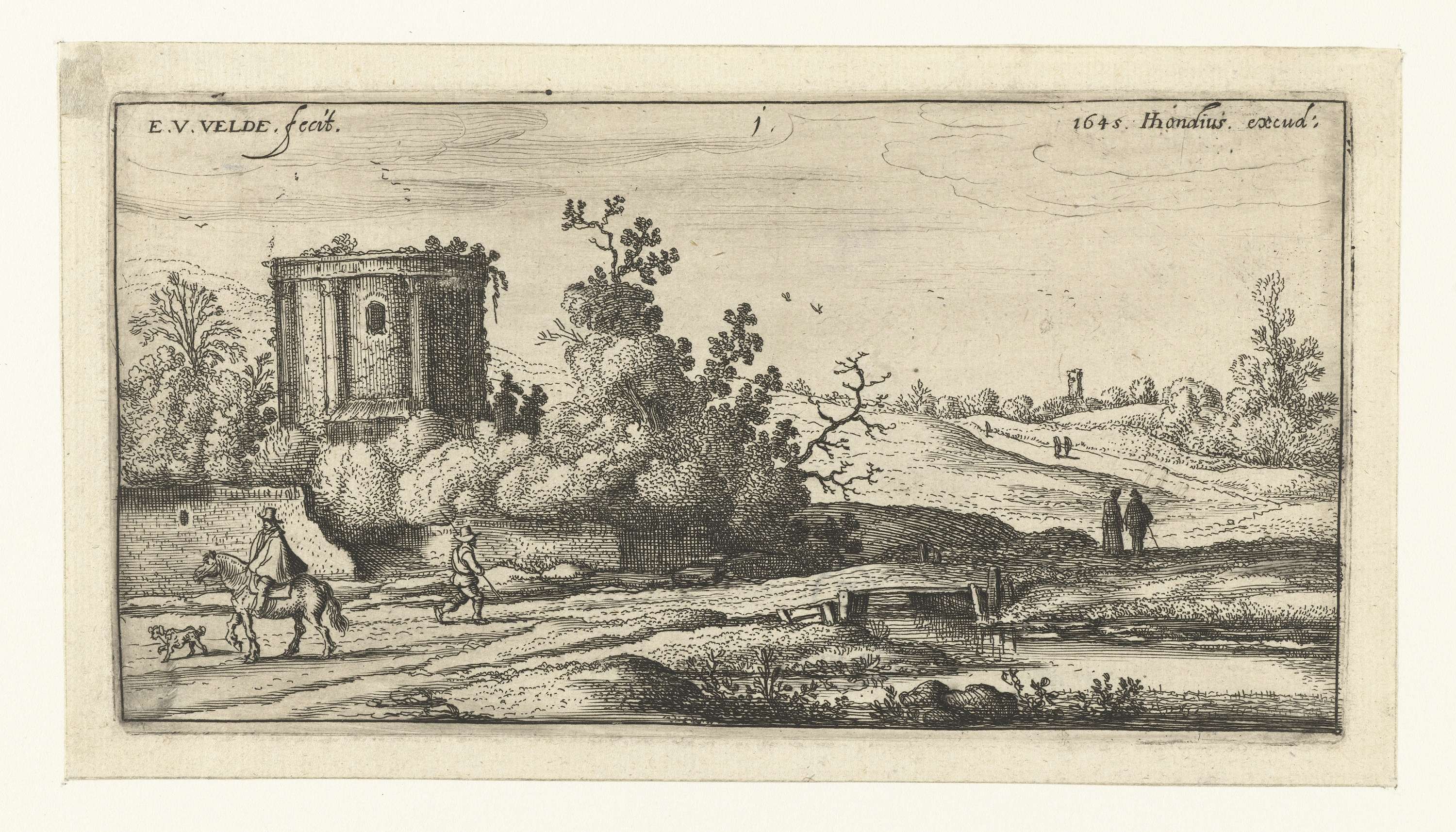 Landschap met ruïne van een romeinse tempel, etching by Esaias van de Velde