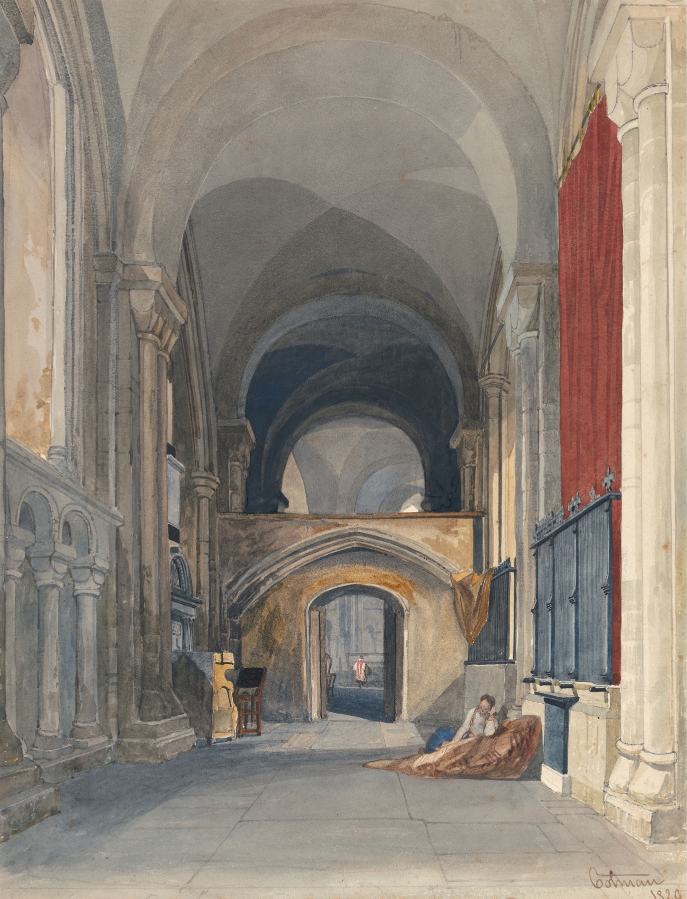 Norwich Cathedral; Interior of the North Aisle of the Choir, Looking East, by John Sell Cotman, public domain