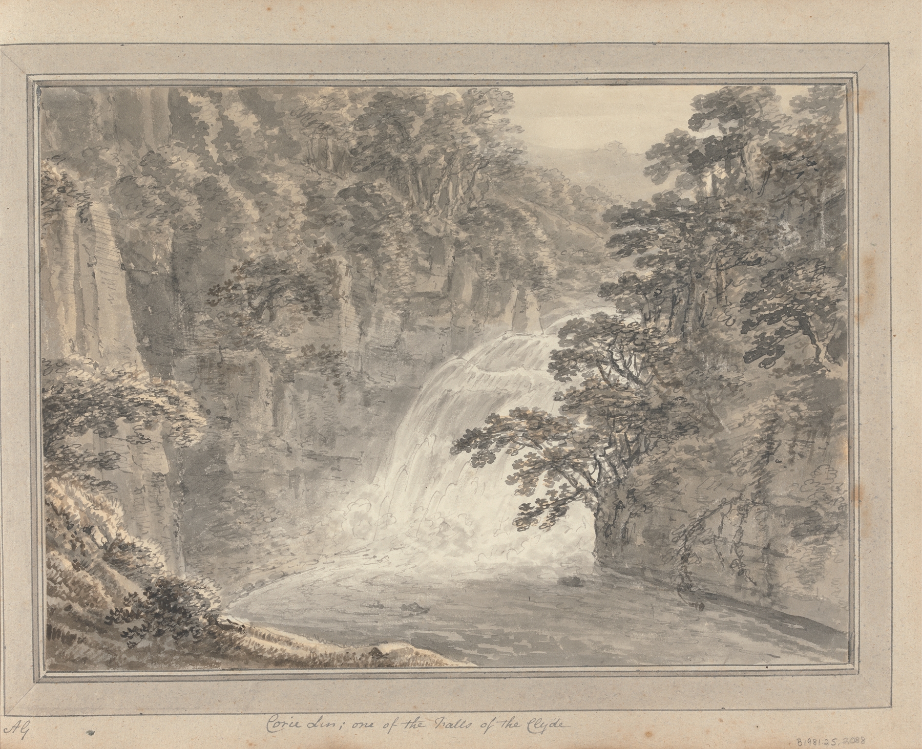 Engraving by Amos Green depicting Corie Lin waterfall in Scotland