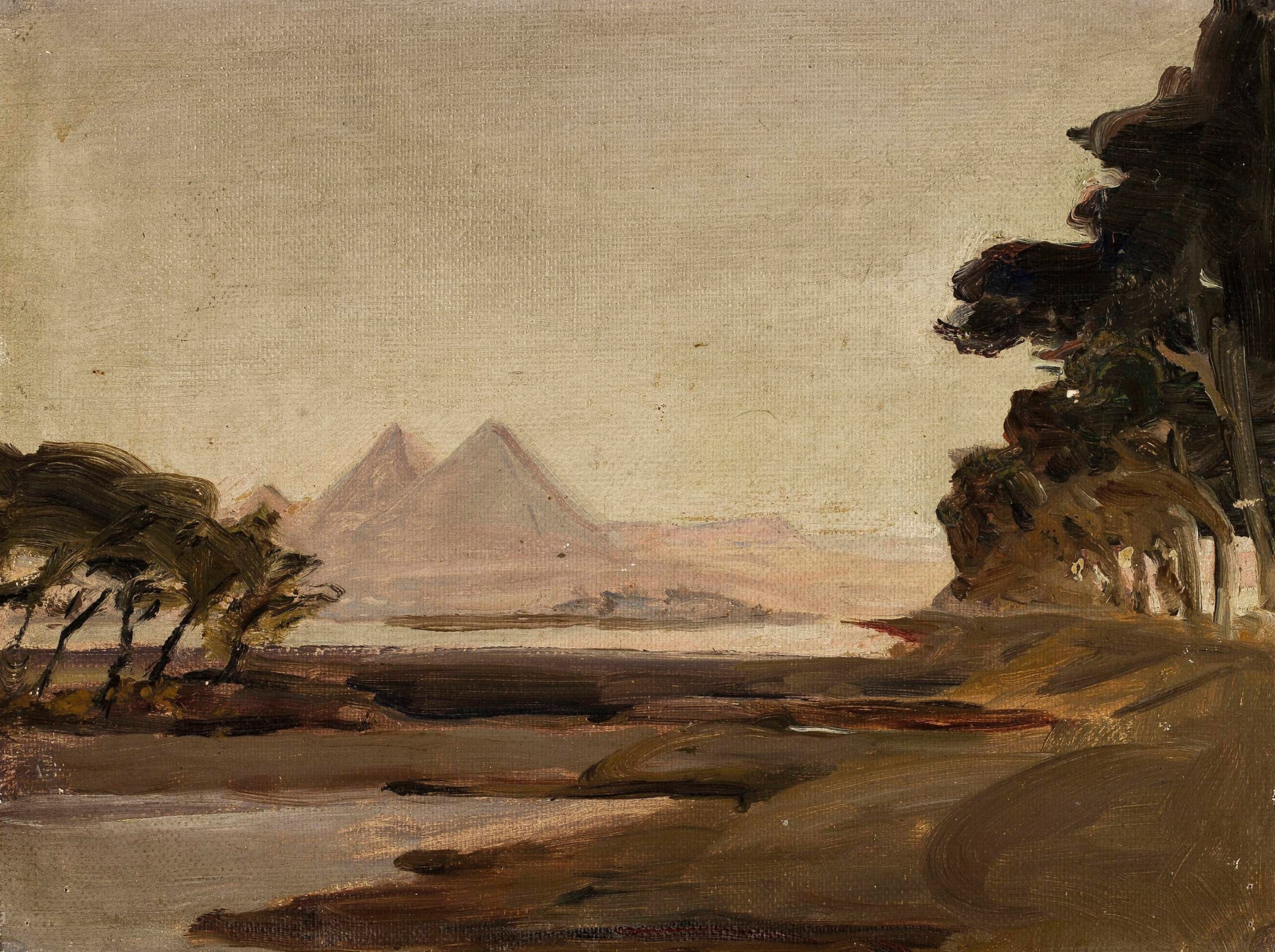 Landscape depicting pyramids and a caravan in the desert, oil painting by Jan Ciągliński