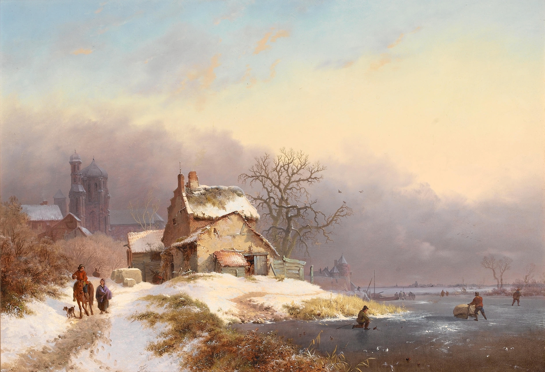 Genre scene depicting villagers by a frozen river, oil painting by Frederik Marinus Kruseman