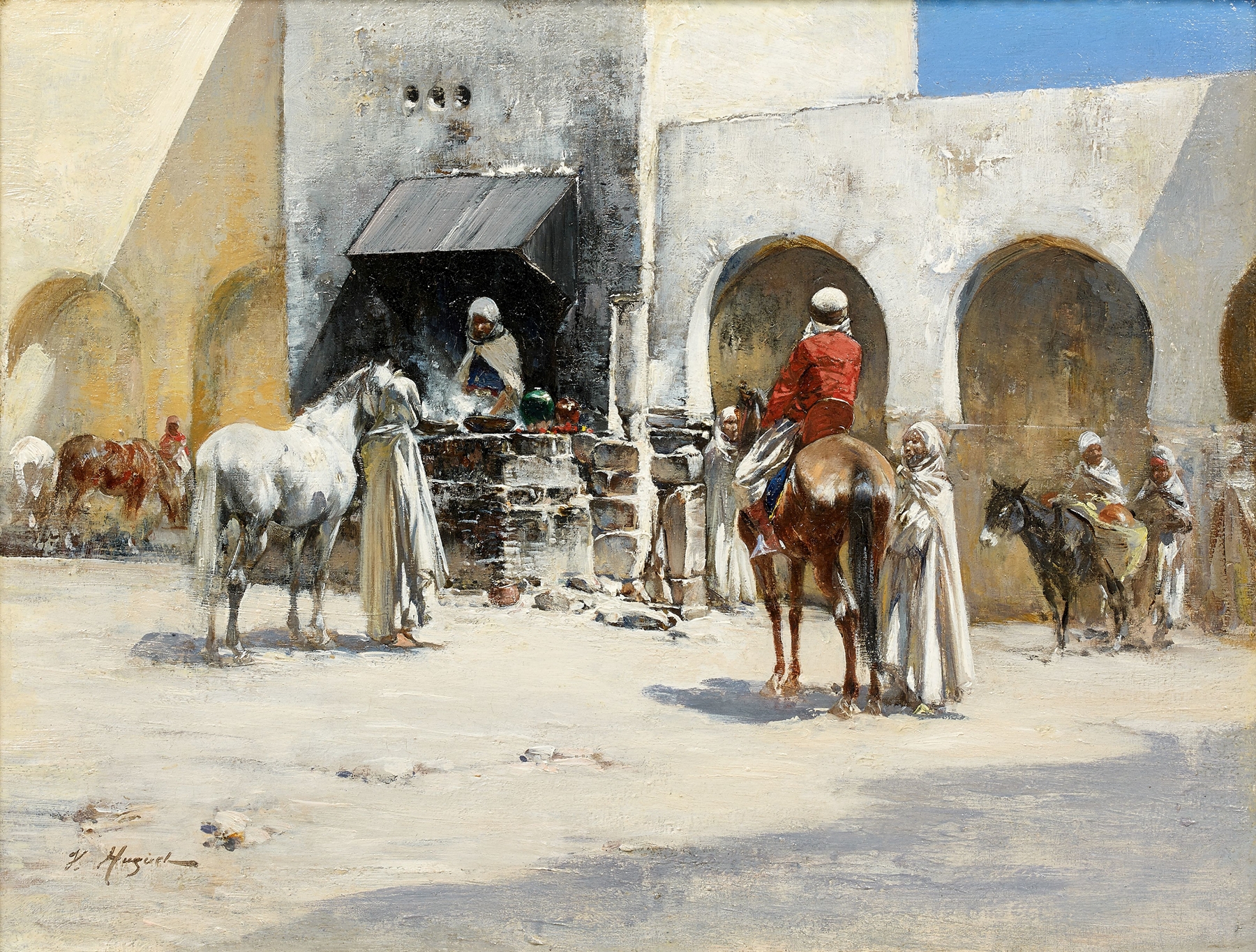 Cavaliers sur la place du village, by Victor Pierre Huguet, public domain