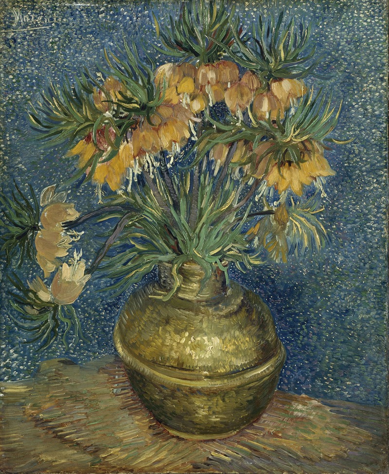 Vincent van Gogh's 'Imperial Fritillaries in a Copper Vase' showcases vibrant flowers in a striking copper vase.