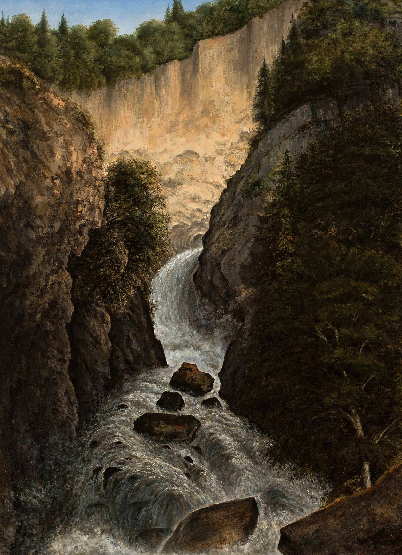 Mountain waterfall scene by Cyprian Lachnicki, depicting cascading water and rocky cliffs.