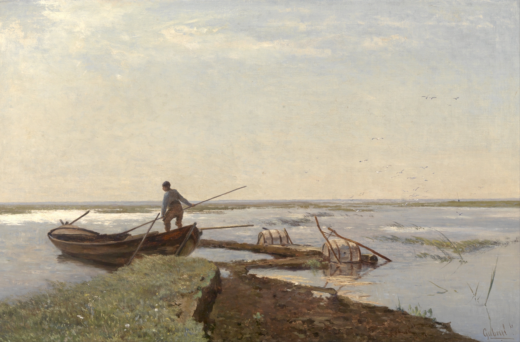 Polder Landscape by Paul Joseph Constantin Gabriël, oil on canvas depicting a serene waterway.