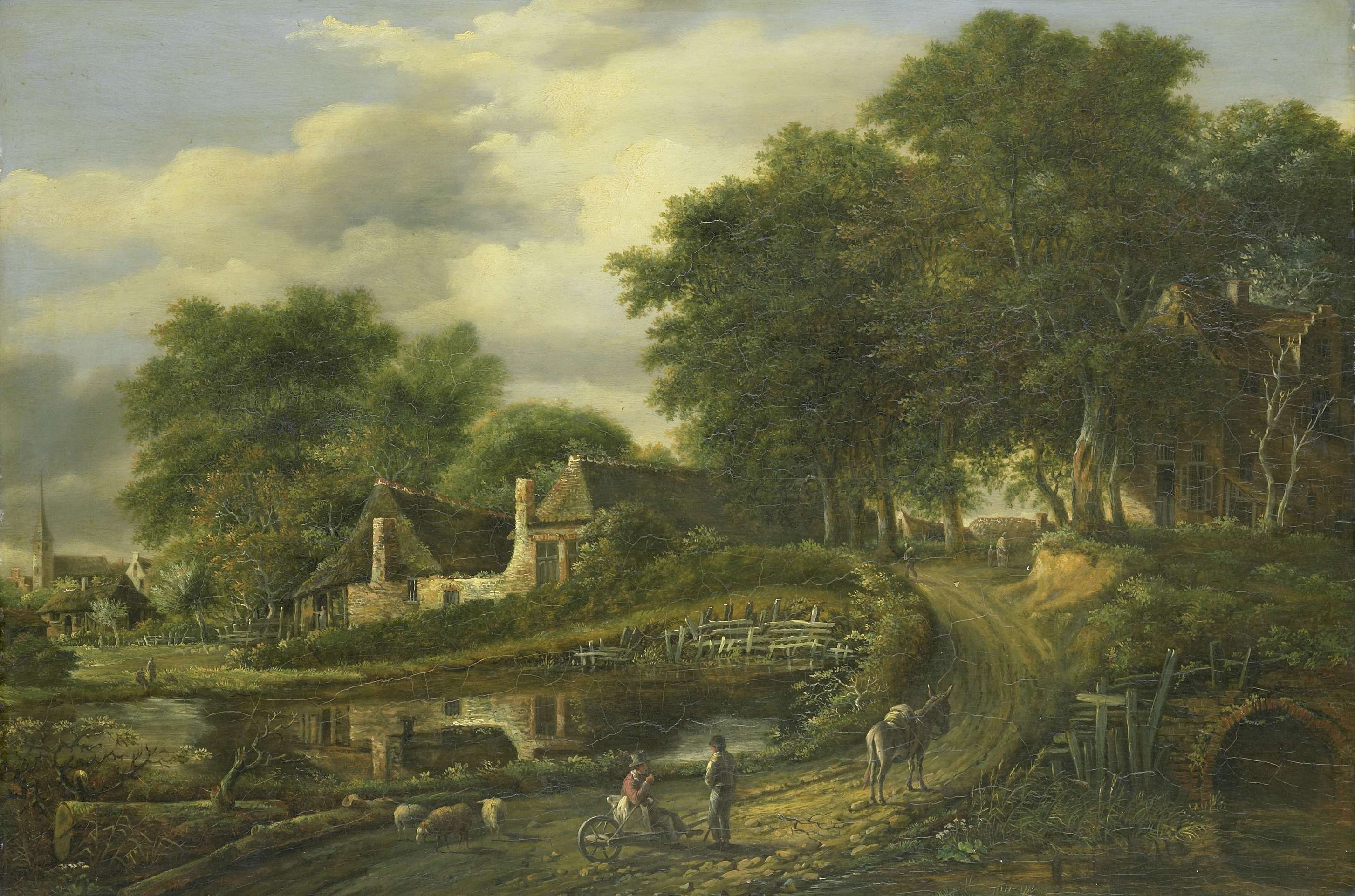 Landscape by Julien Joseph Ducorron, oil on panel, featuring hills and a twilight sky.