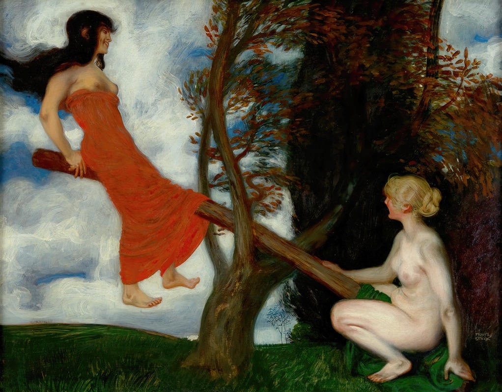 Franz von Stuck's 'The Seesaw' captures a playful moment between children.