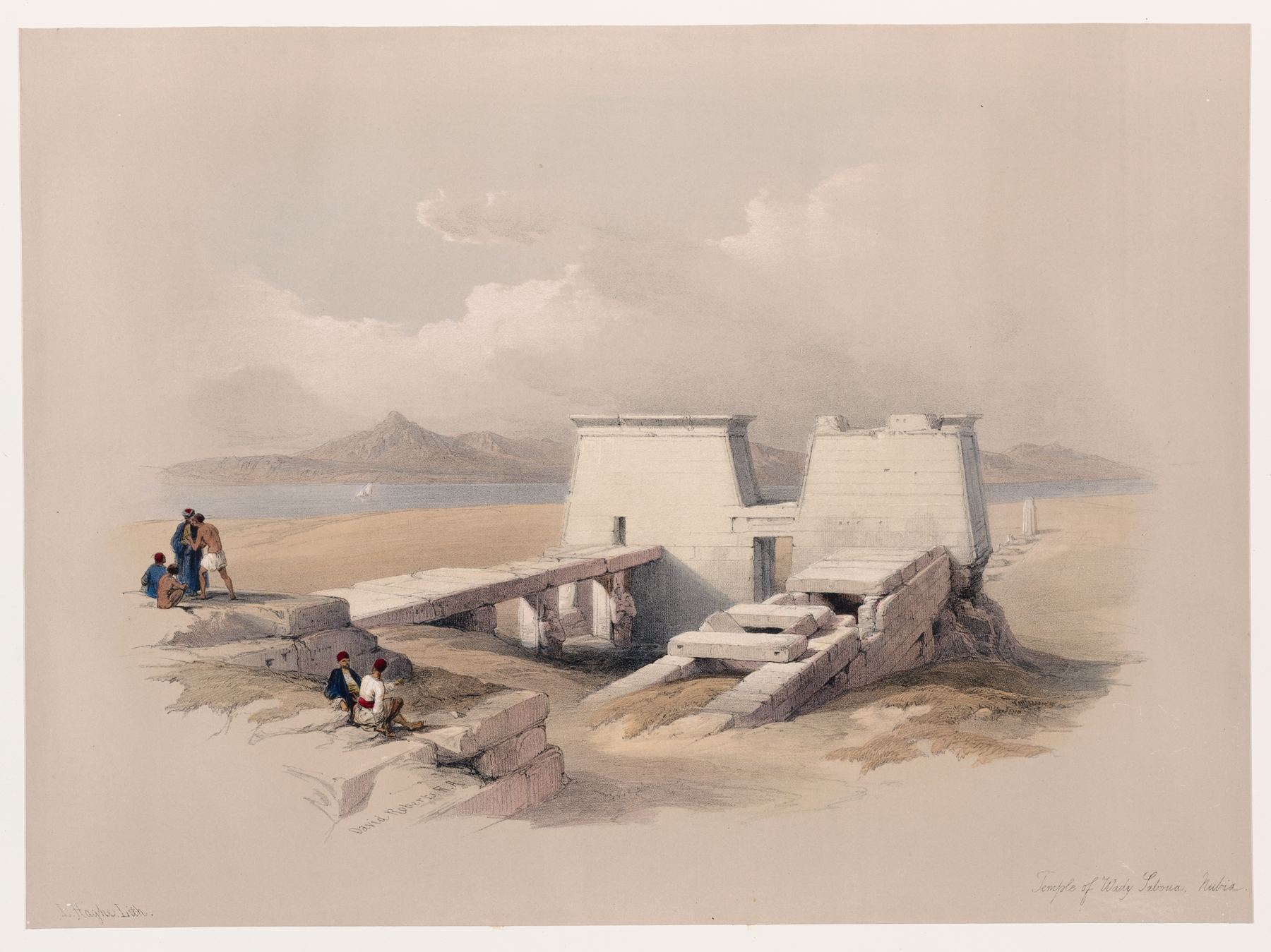 Temple of Wady Saboua by David Roberts, oil painting depicting ancient architecture in a desert landscape.