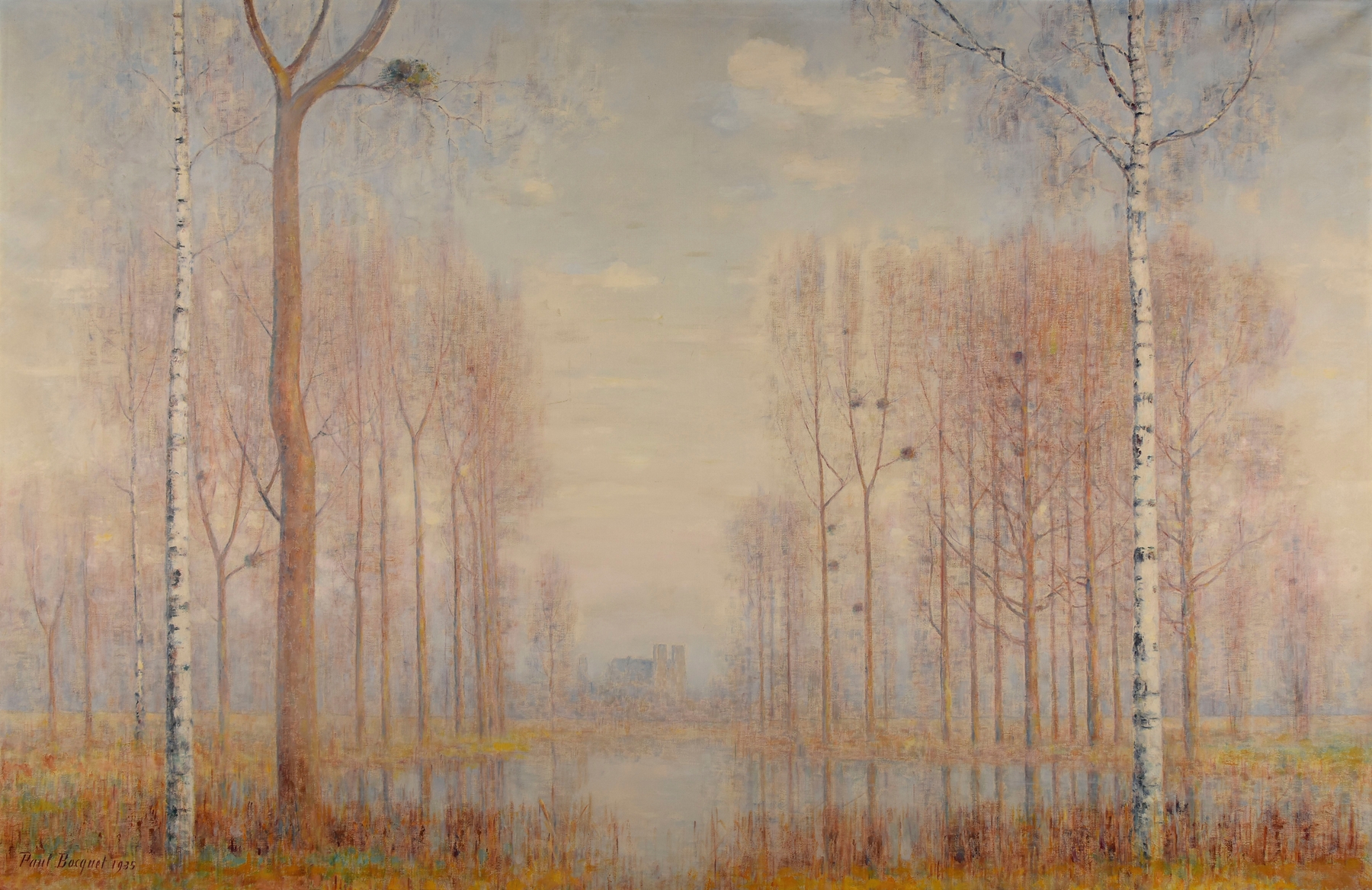 Oil painting by Paul Bocquet depicting verdant fields and nature.