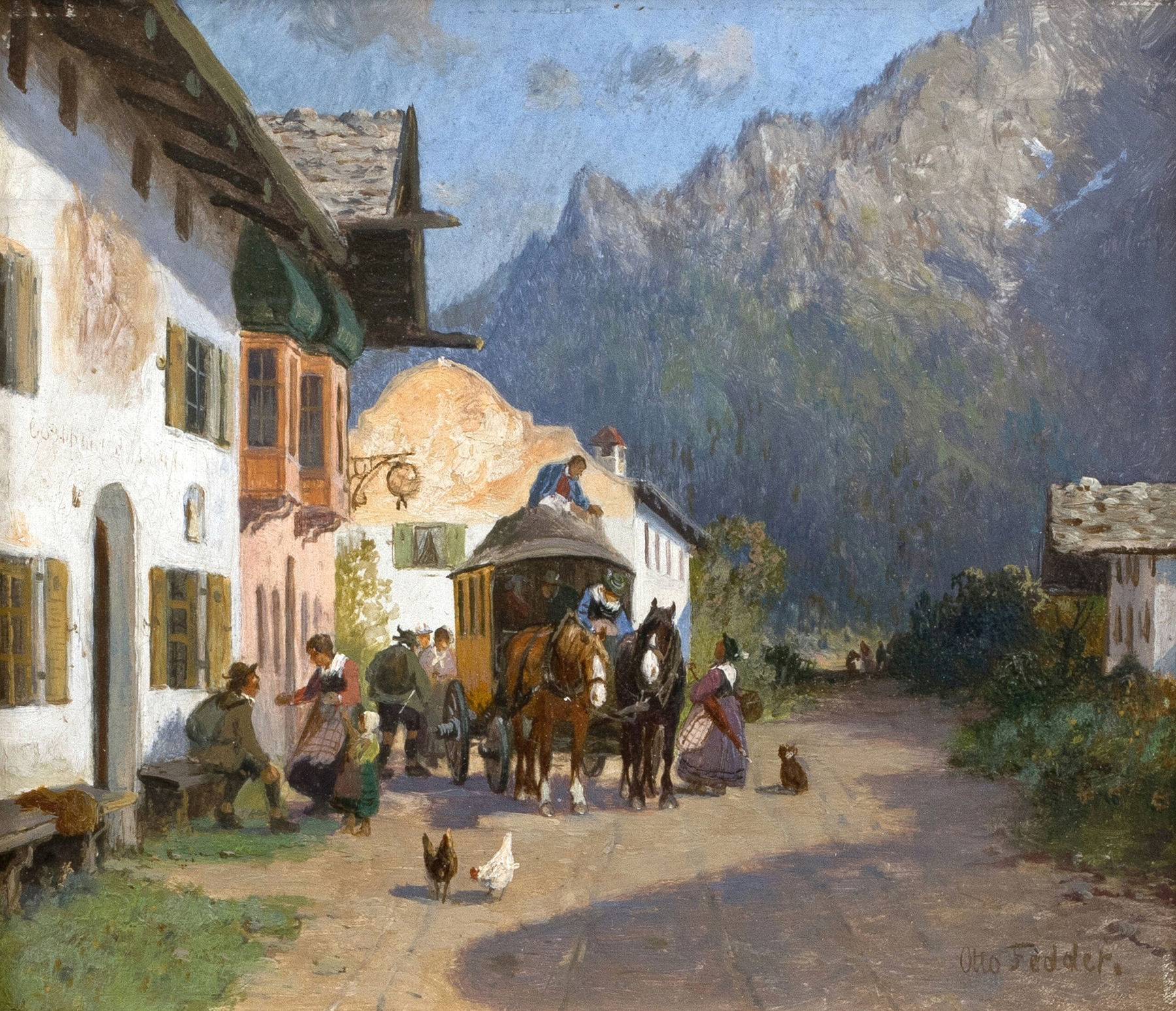 Landscape of Dorfstraße in Mittenwald mit Karwendelspitze, oil on canvas by Otto Fedder