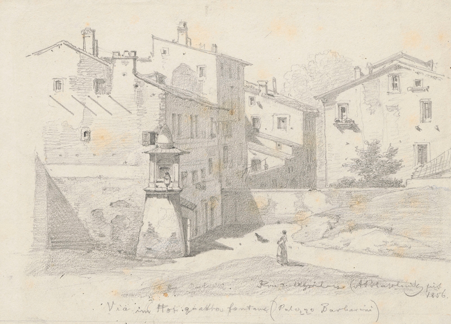 Houses at Via Quattro Fontane near Palazzo Barberini by Arthur Blaschnik, oil painting depicting an urban street scene.