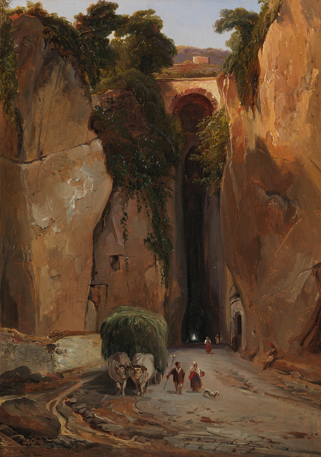 Entrance to the Grotto of Posilipo, oil on canvas by Jean-Charles Joseph Rémond, depicting a serene waterway and lush foliage.