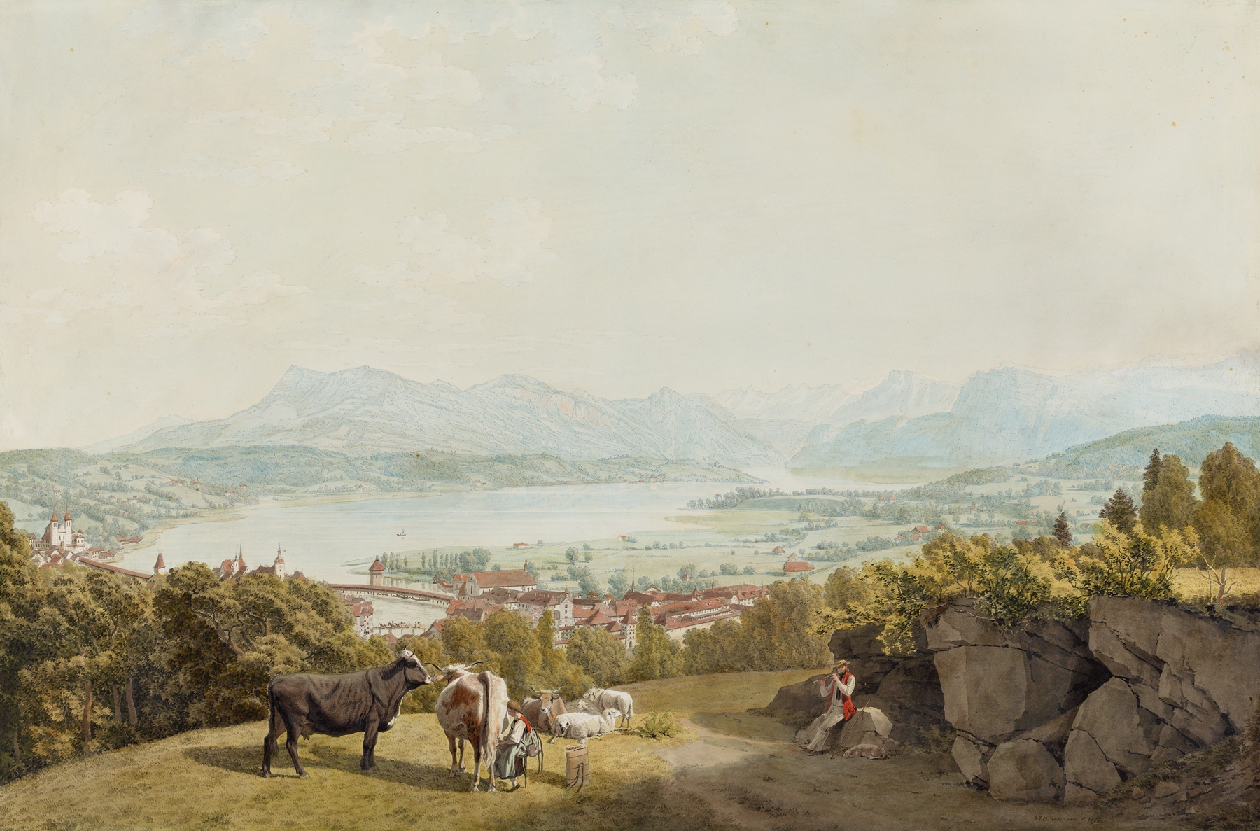 Landscape depicting shepherds and flocks in a pastoral scene by Johann Jakob Biedermann