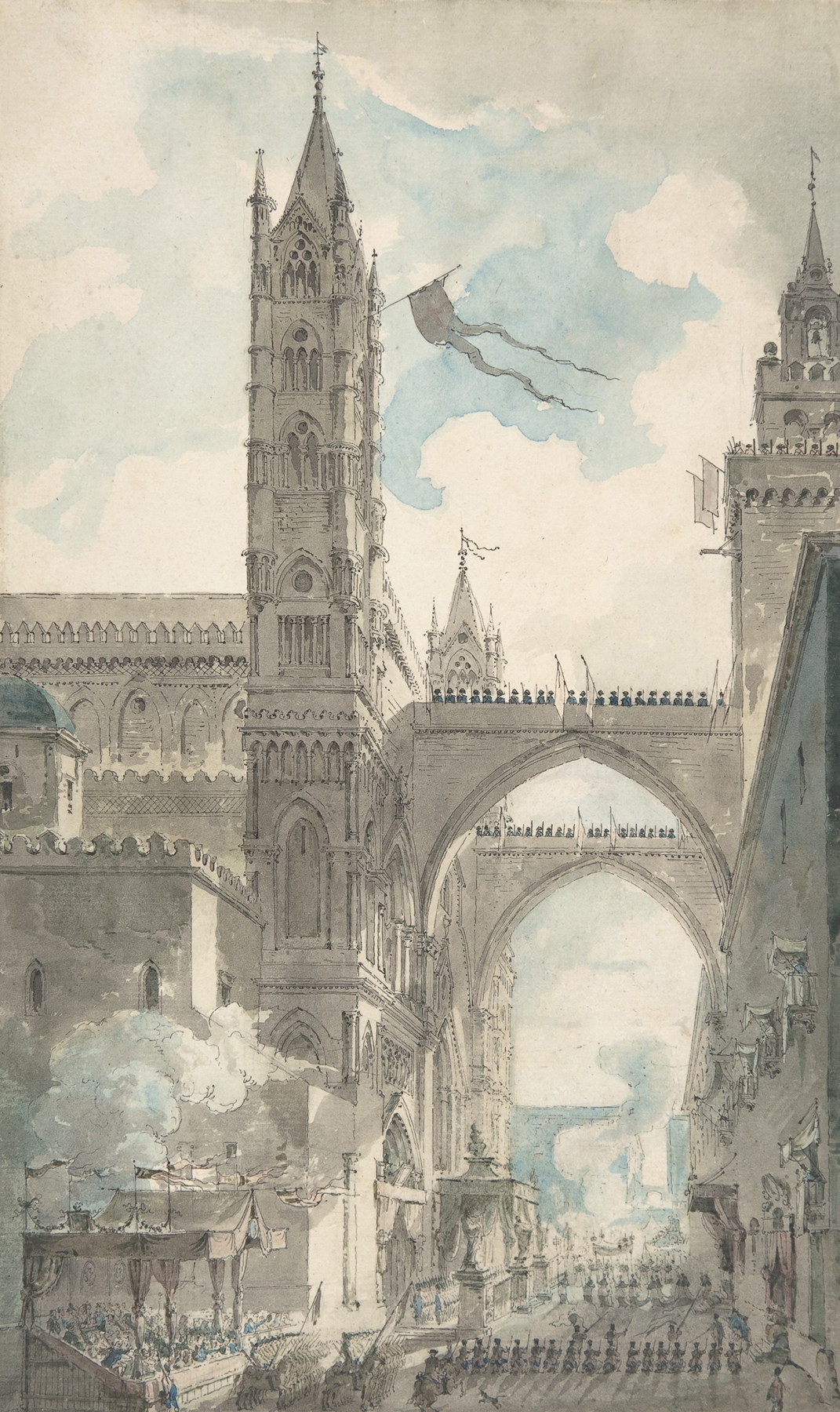 View of the Portal and Principal Entrance of the Cathedral of Palermo during the Festival of Sta. Rosalia, by Louis Jean Desprez, public domain