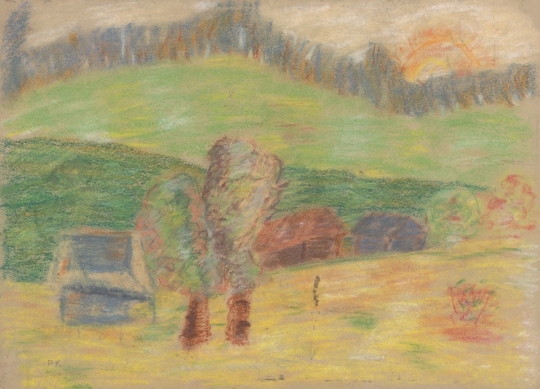 A serene landscape painting depicting a hay barn.