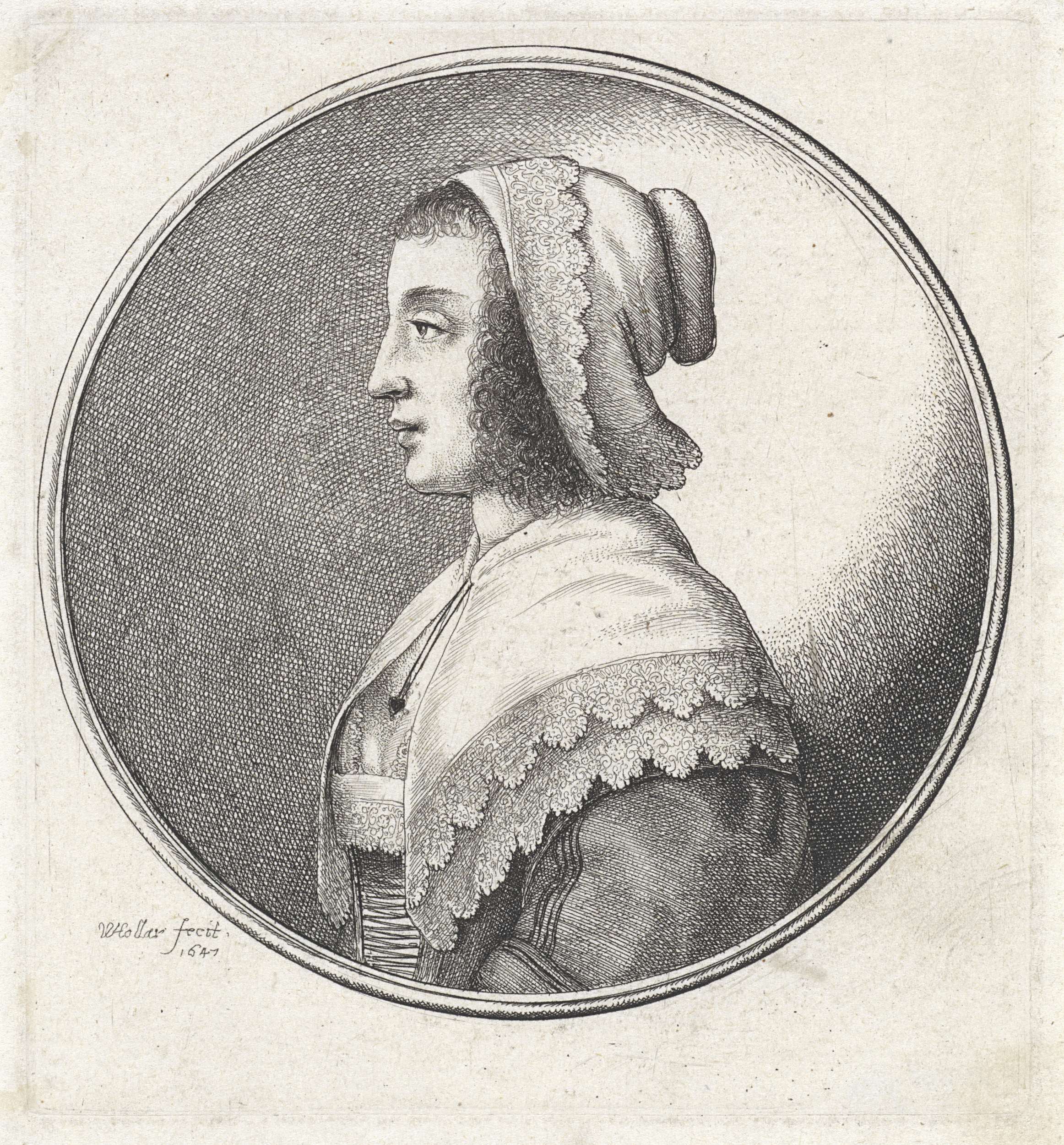 Portrait of a woman with a lace cap and collar, etching by Wenceslaus Hollar