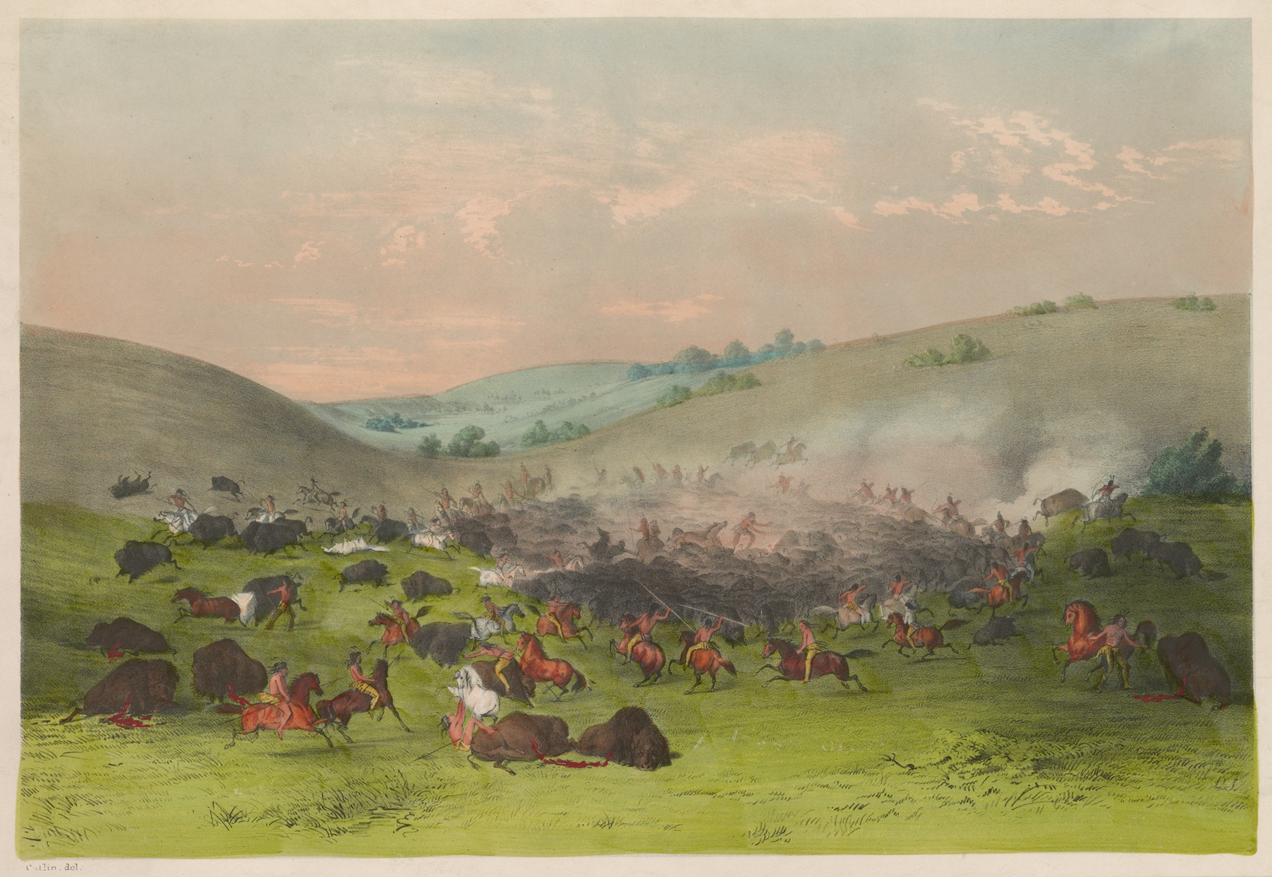 The Buffalo Hunt; ‘Surrounding the Herd’ lithograph by Currier & Ives depicting buffalo on the prairie.