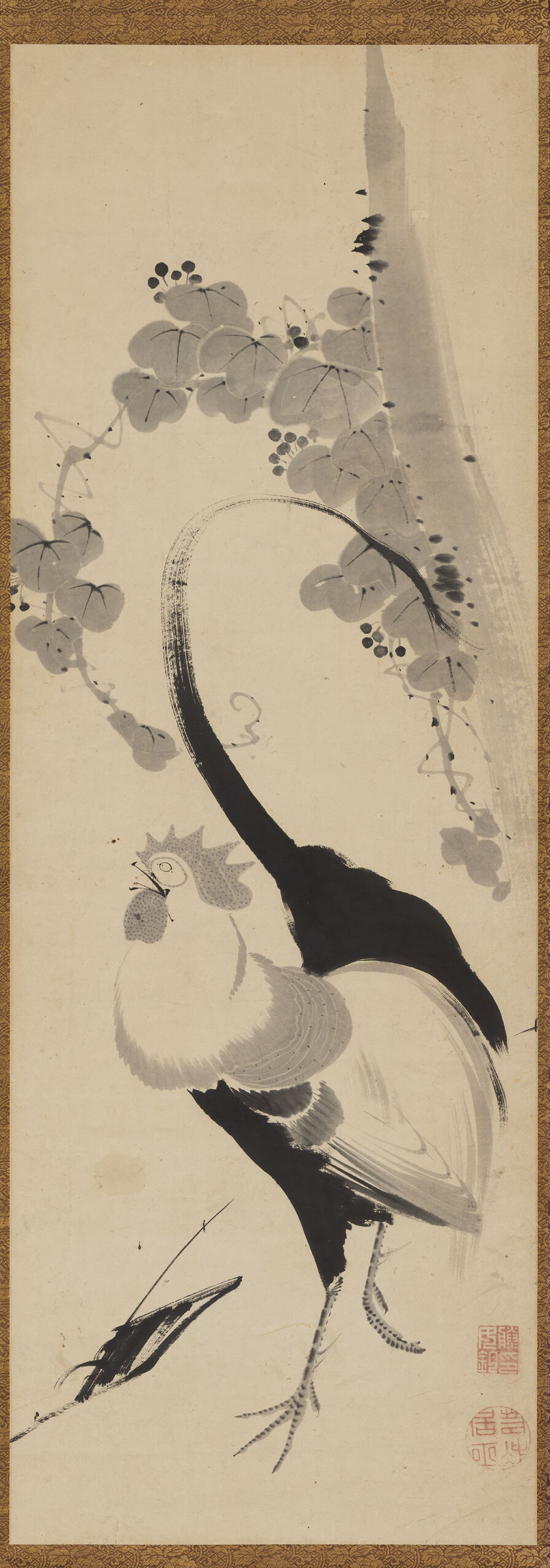 Rooster and Grapevine, by Unknown Artist, public domain