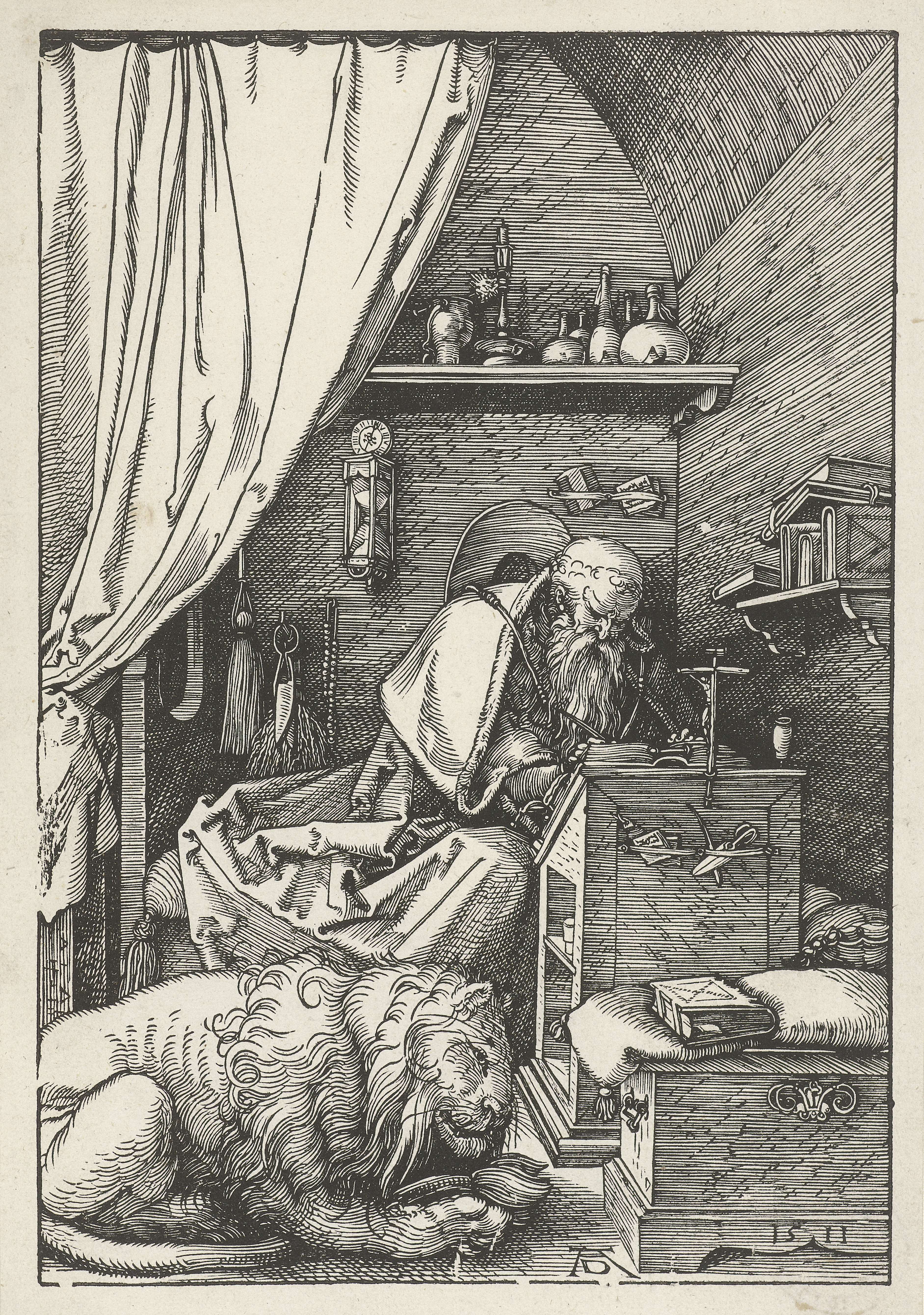 De Heilige Hiëronymus in zijn studeervertrek, by Albrecht Dürer, public domain