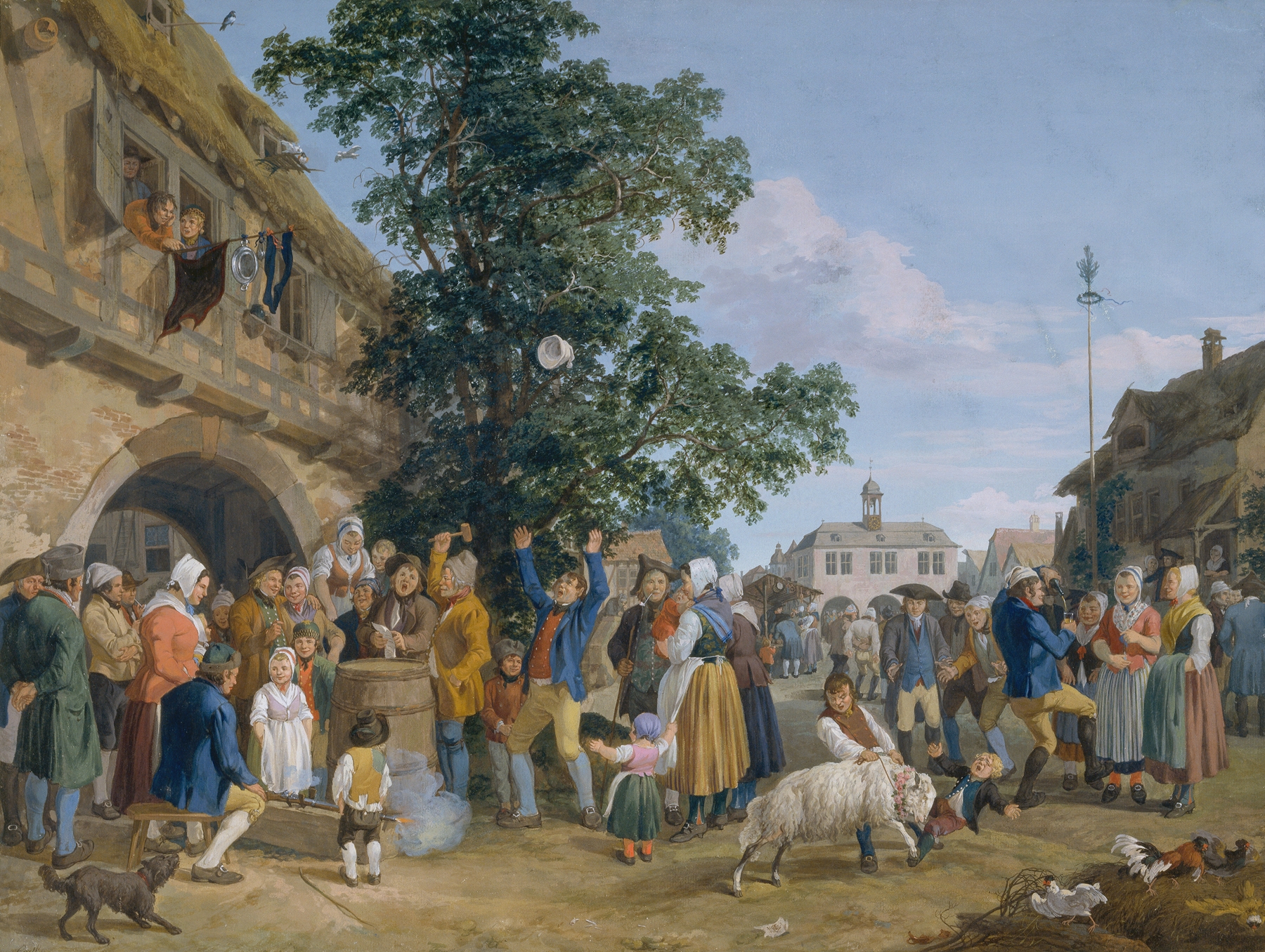 Verlosung eines Hammels in der Umgebung von Frankfurt am Main (Kirchweihszene), by Anton Radl, public domain