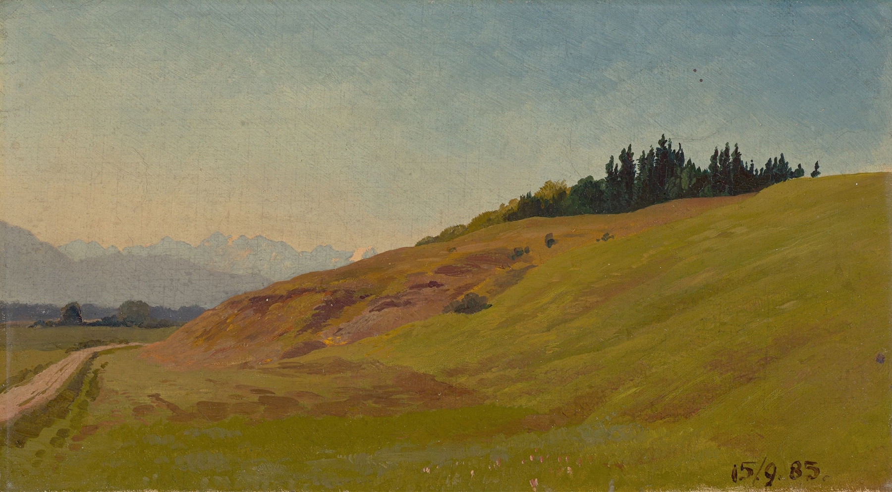 Voralpenlandschaft by Viktor Paul Mohn, oil on canvas depicting misty mountains and rolling hills.