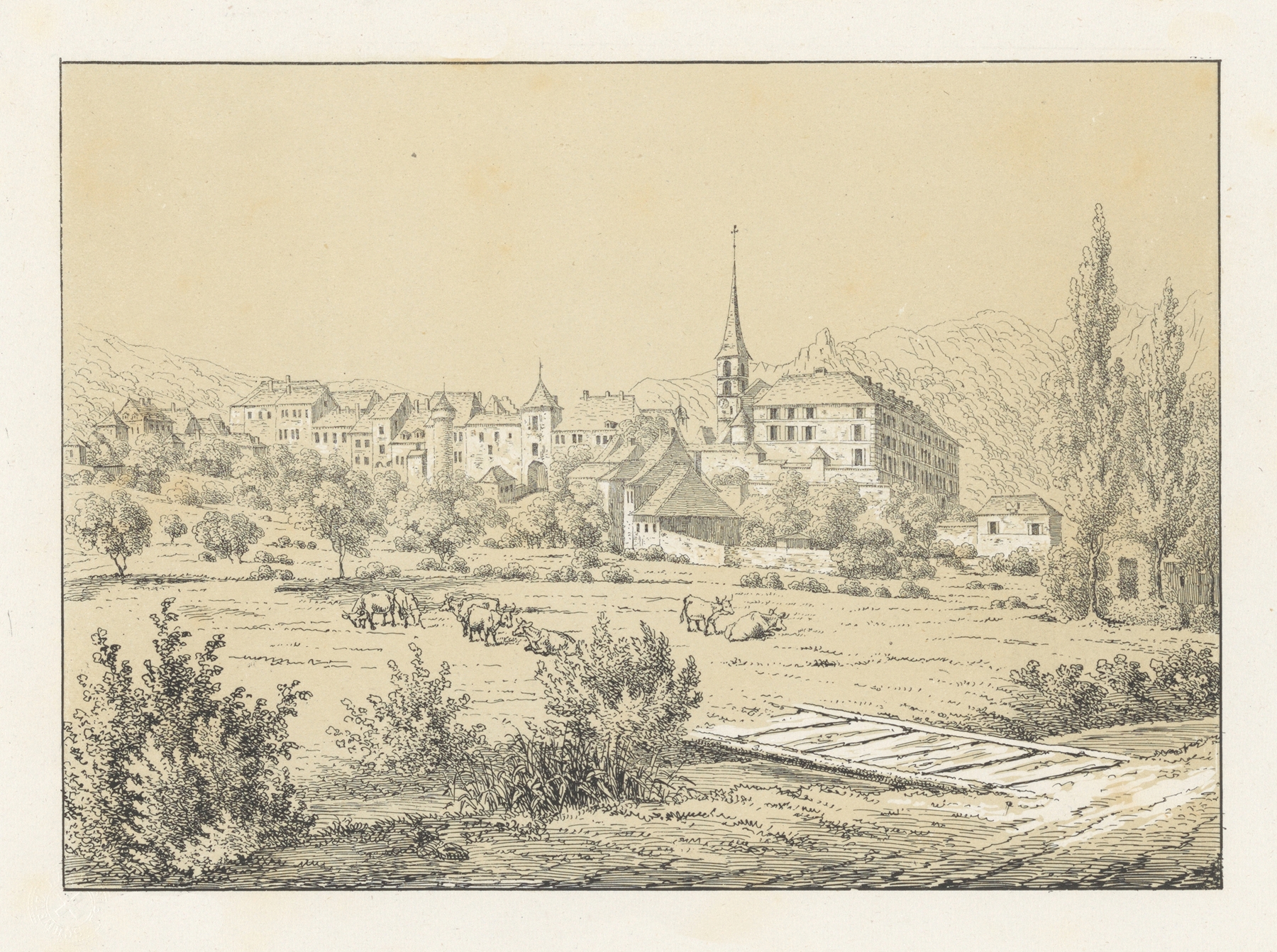 Landscape depicting a village by a river, oil painting by Johann Friedrich Wagner