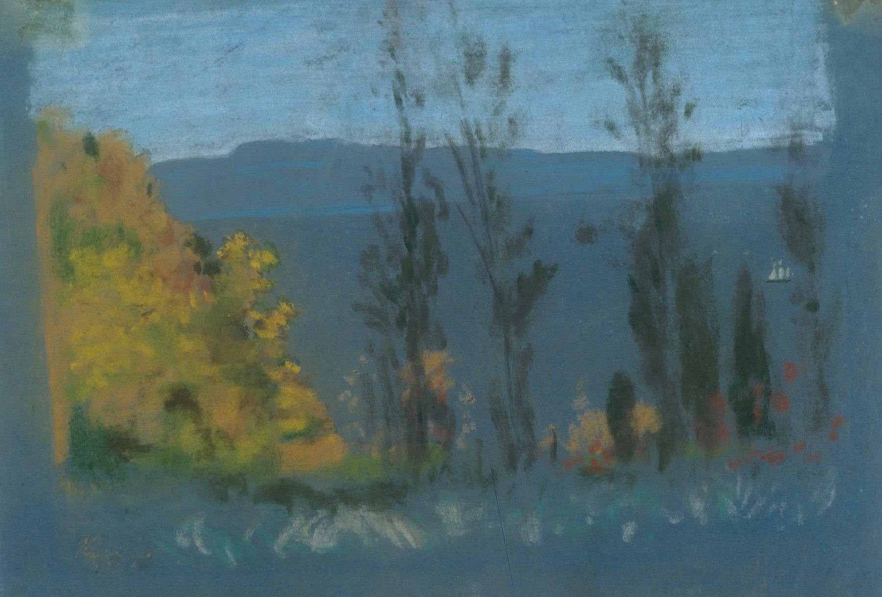 Ethereal landscape with poplars, oil painting by Arthur Bowen Davies