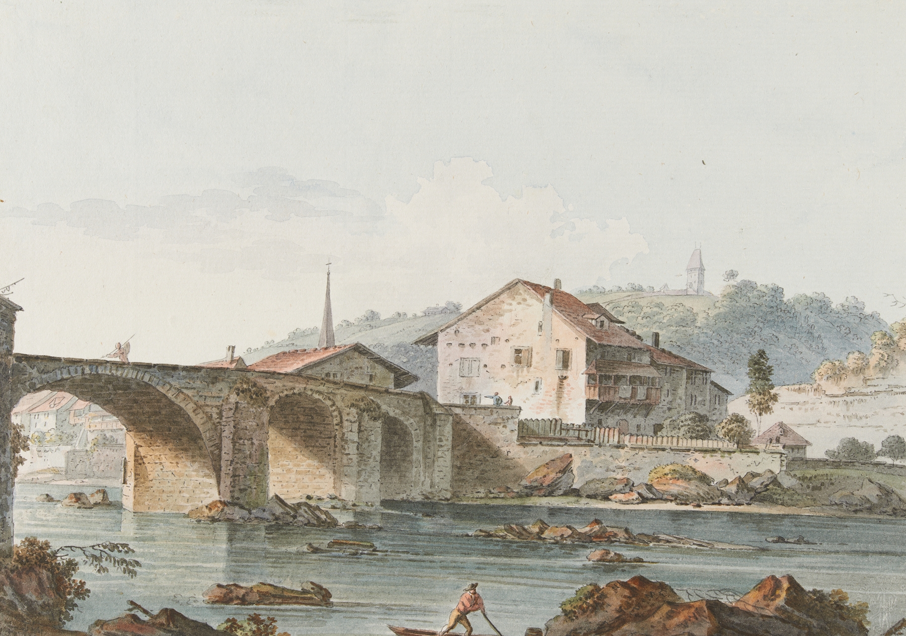 Vue d’un pont à Fribourg by Joseph Emmanuel Curty, oil painting depicting a bridge reflection in water.