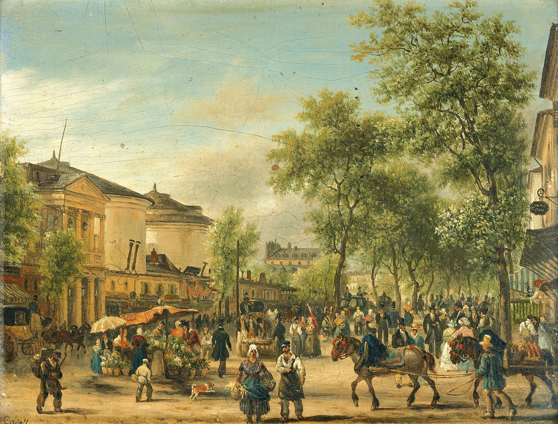 Oil painting by Giuseppe Canella depicting a sunset over the boulevard Montmartre