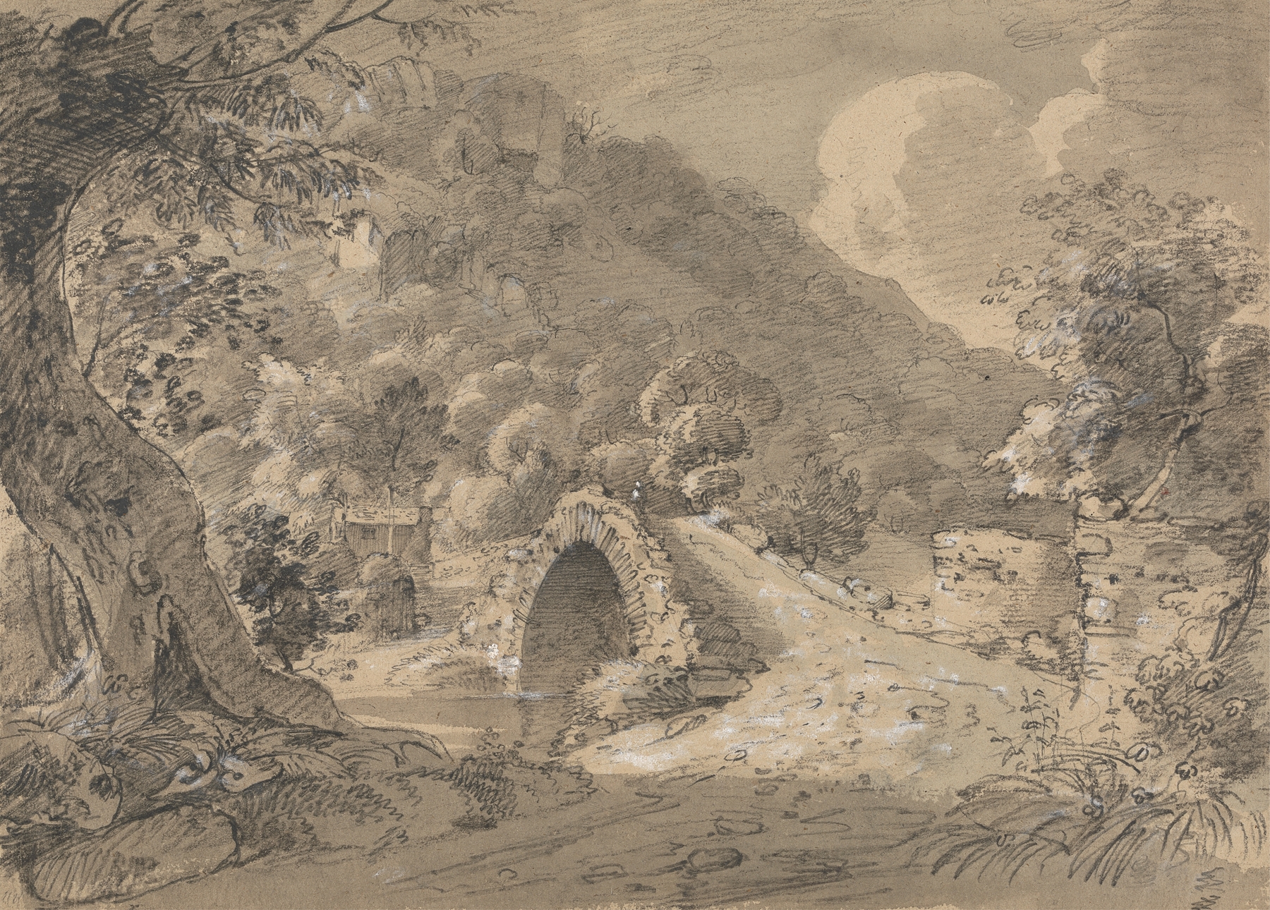 Mountainous landscape featuring a bridge and house, oil on canvas by Isaac Weld