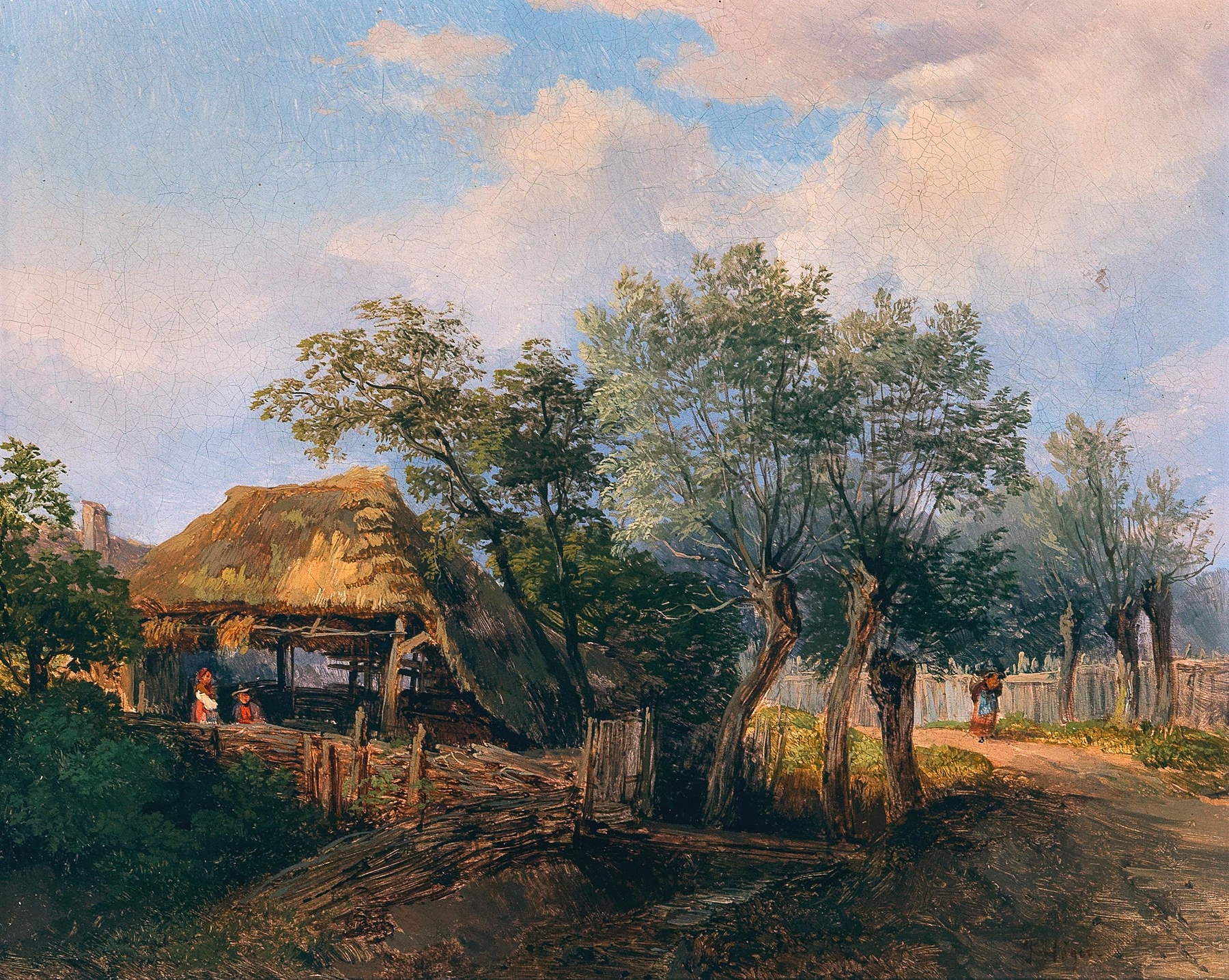 A Village Idyll by Josef Höger, depicting a serene landscape with golden fields and sunlight.