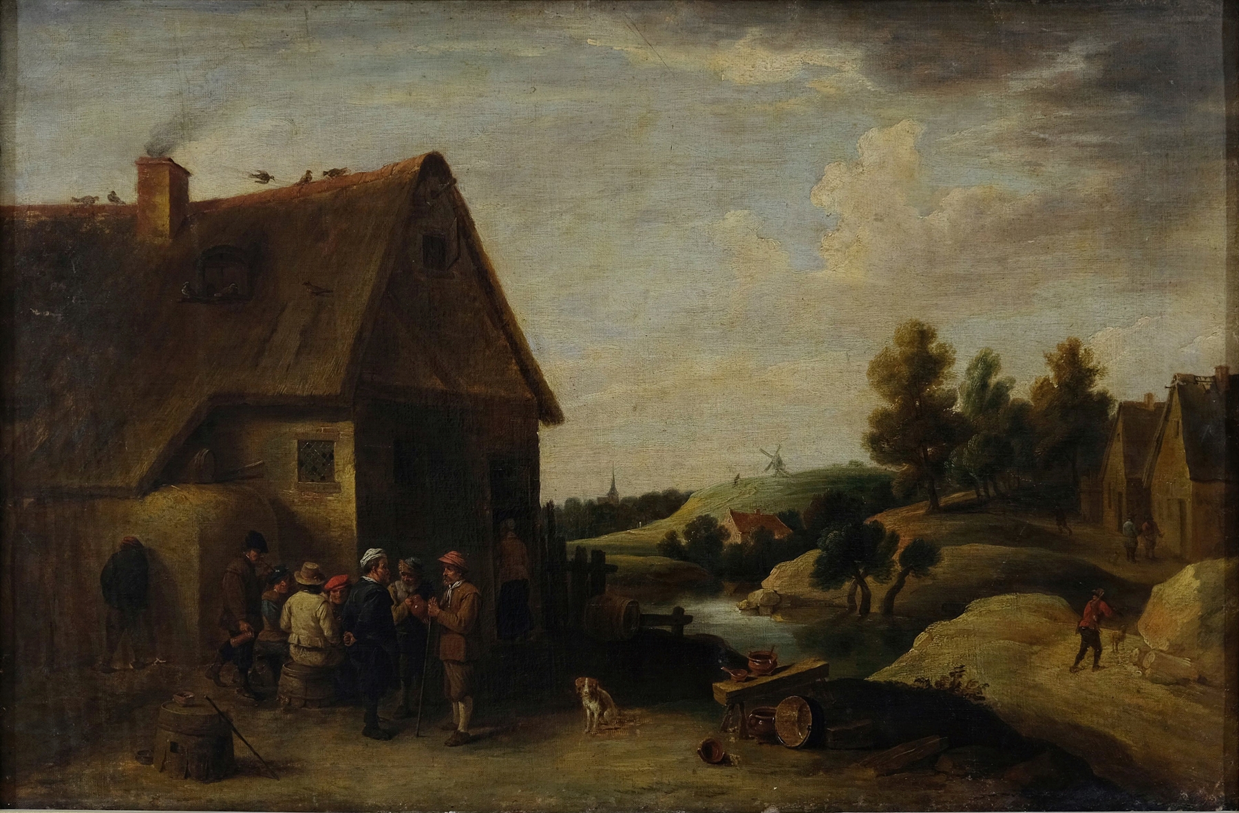 Genre scene oil painting by Christian Wilhelm Ernst Dietrich depicting a rural gathering under a tree.