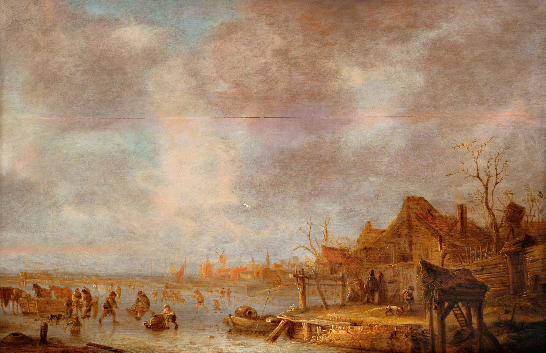 Winter landscape by Isaac van Ostade, depicting a village covered in snow, oil painting.