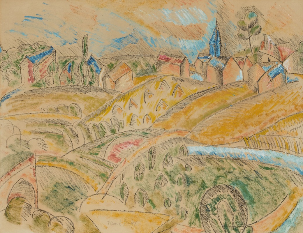 A cubist landscape featuring haystacks by Raoul Dufy.