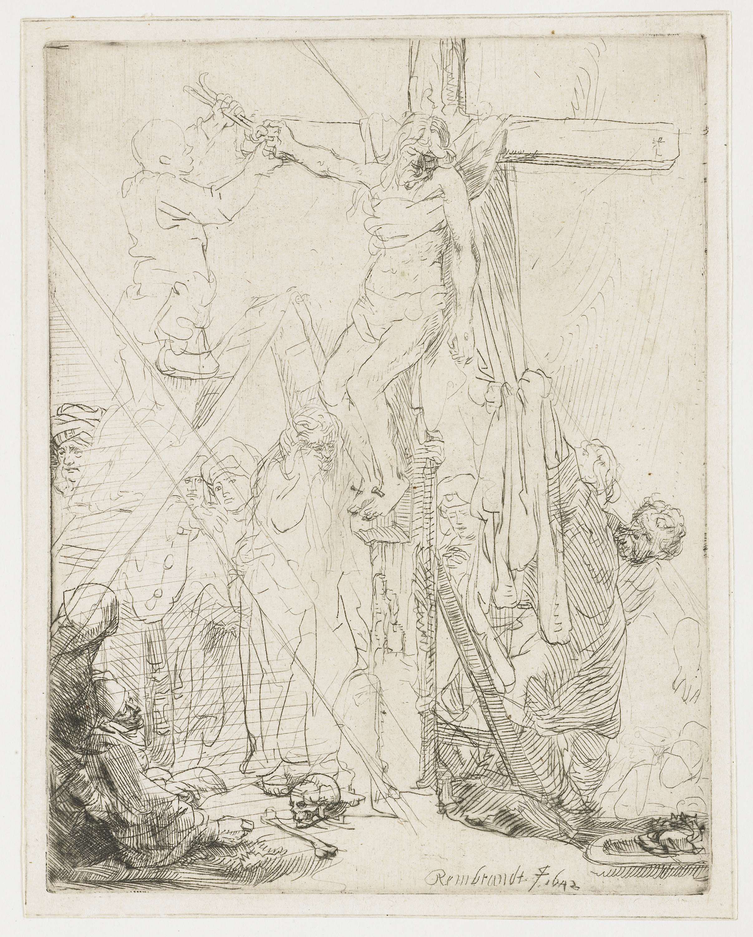 Etching by Rembrandt van Rijn depicting outlined figures and dark tones.