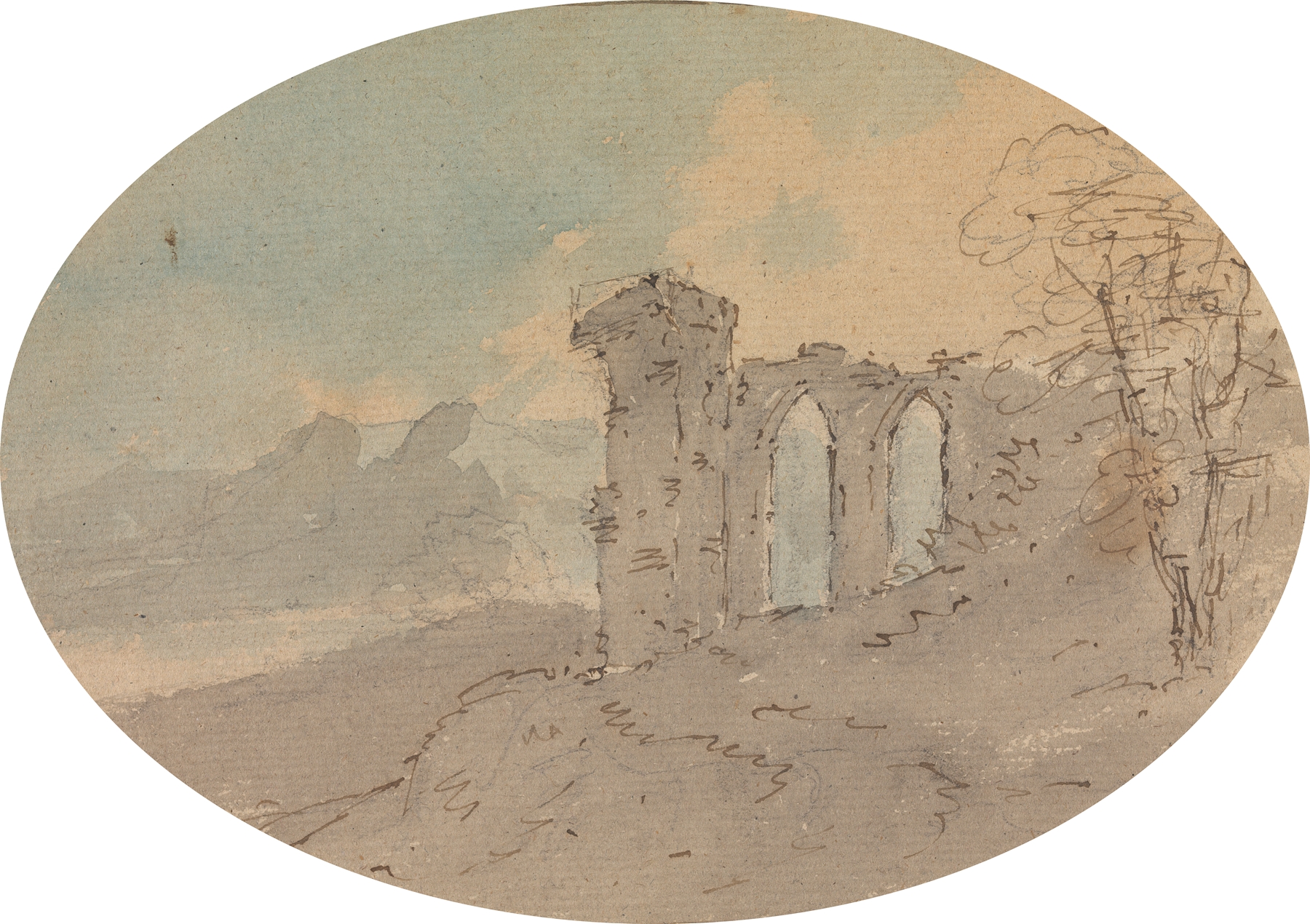 Landscape depicting a castle ruin by William Gilpin, oil painting