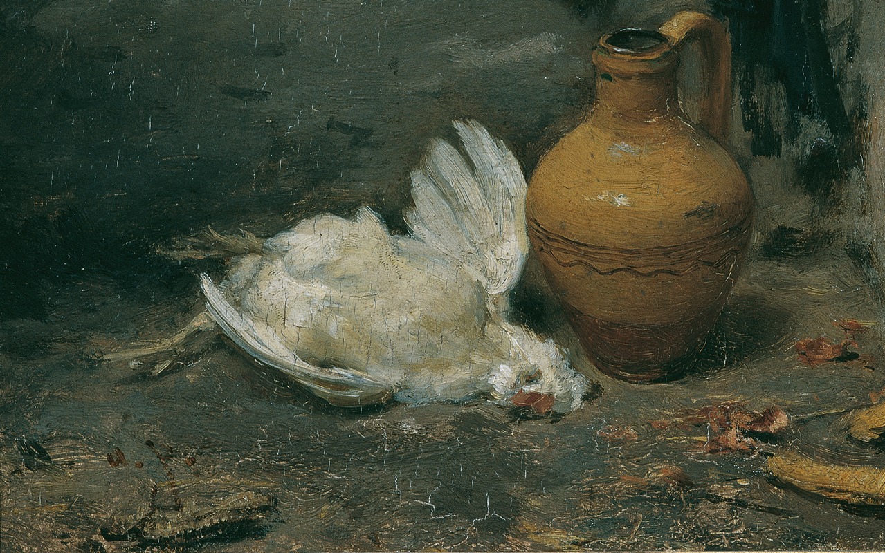 A still life painting featuring a dead chicken and a jug.
