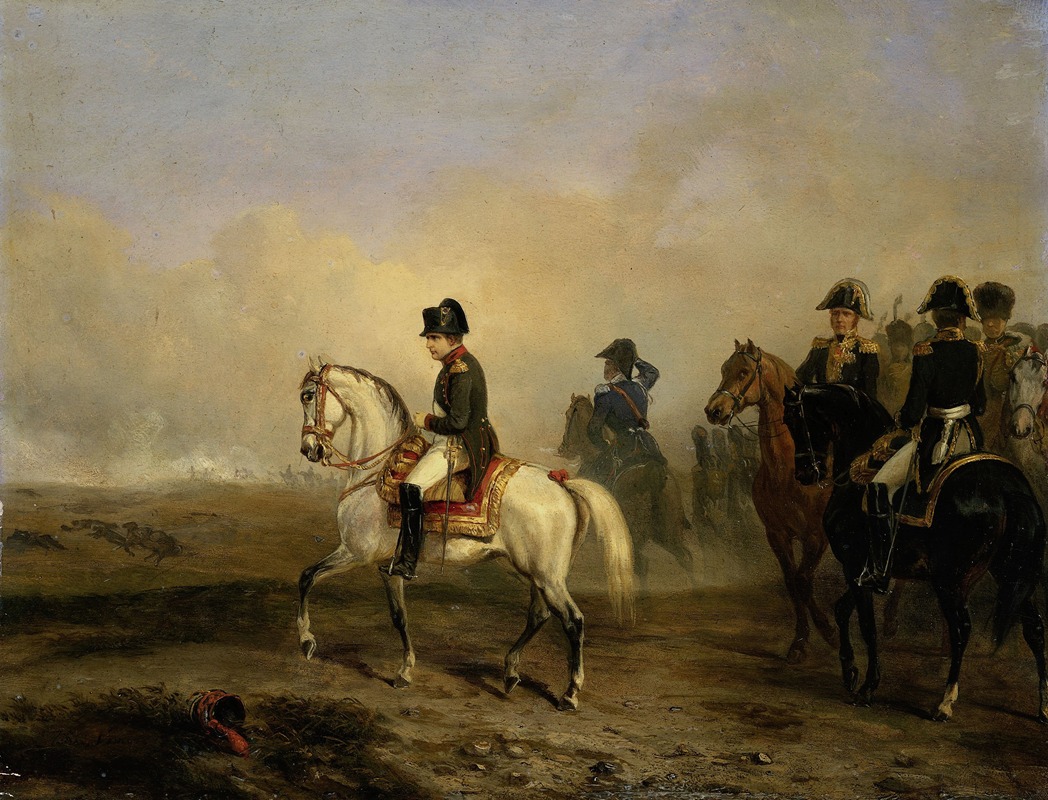 This painting depicts Napoleon I on horseback with his staff.