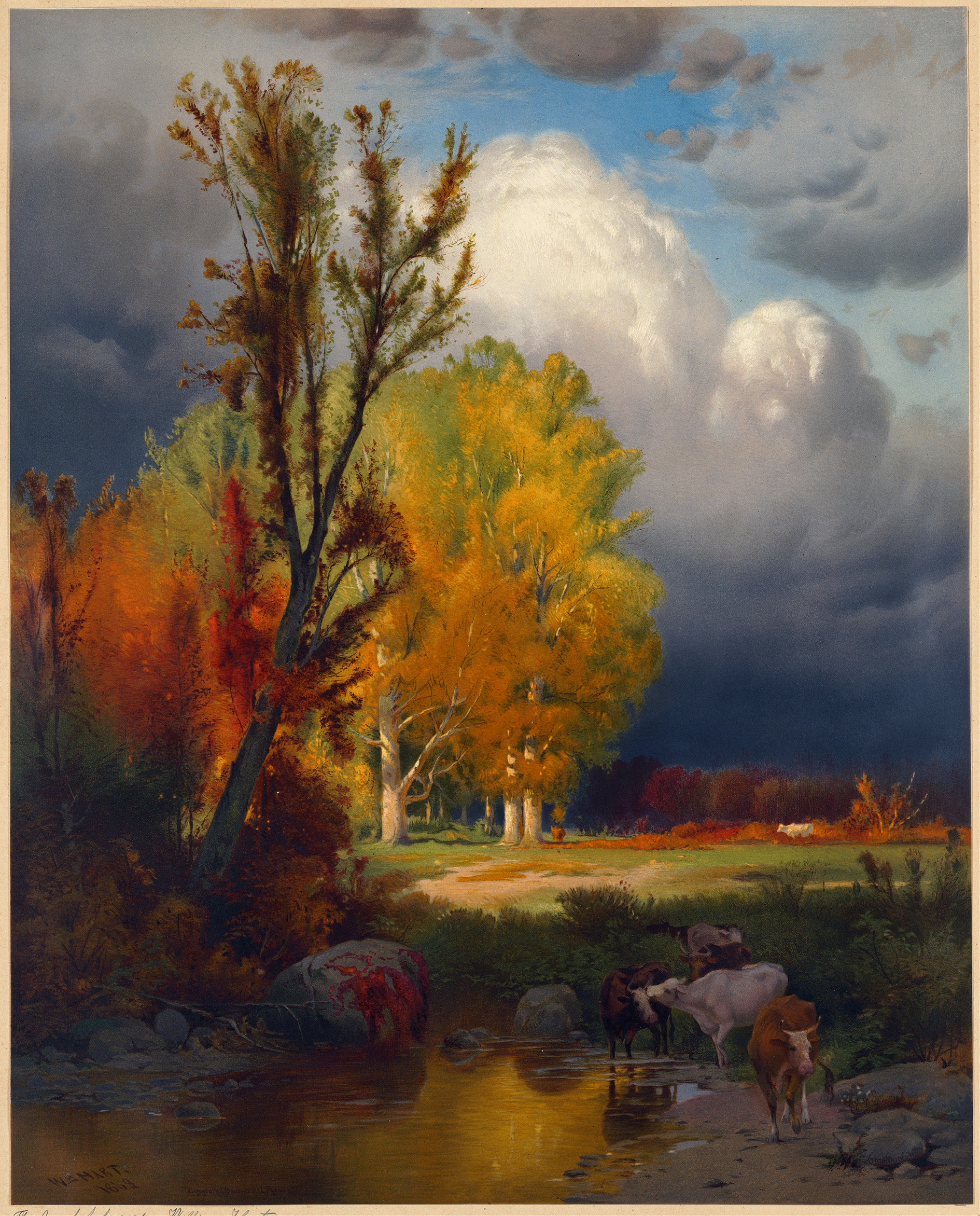 The Joy of Autumn by William Hart, oil on canvas depicting autumn foliage and sunlight.
