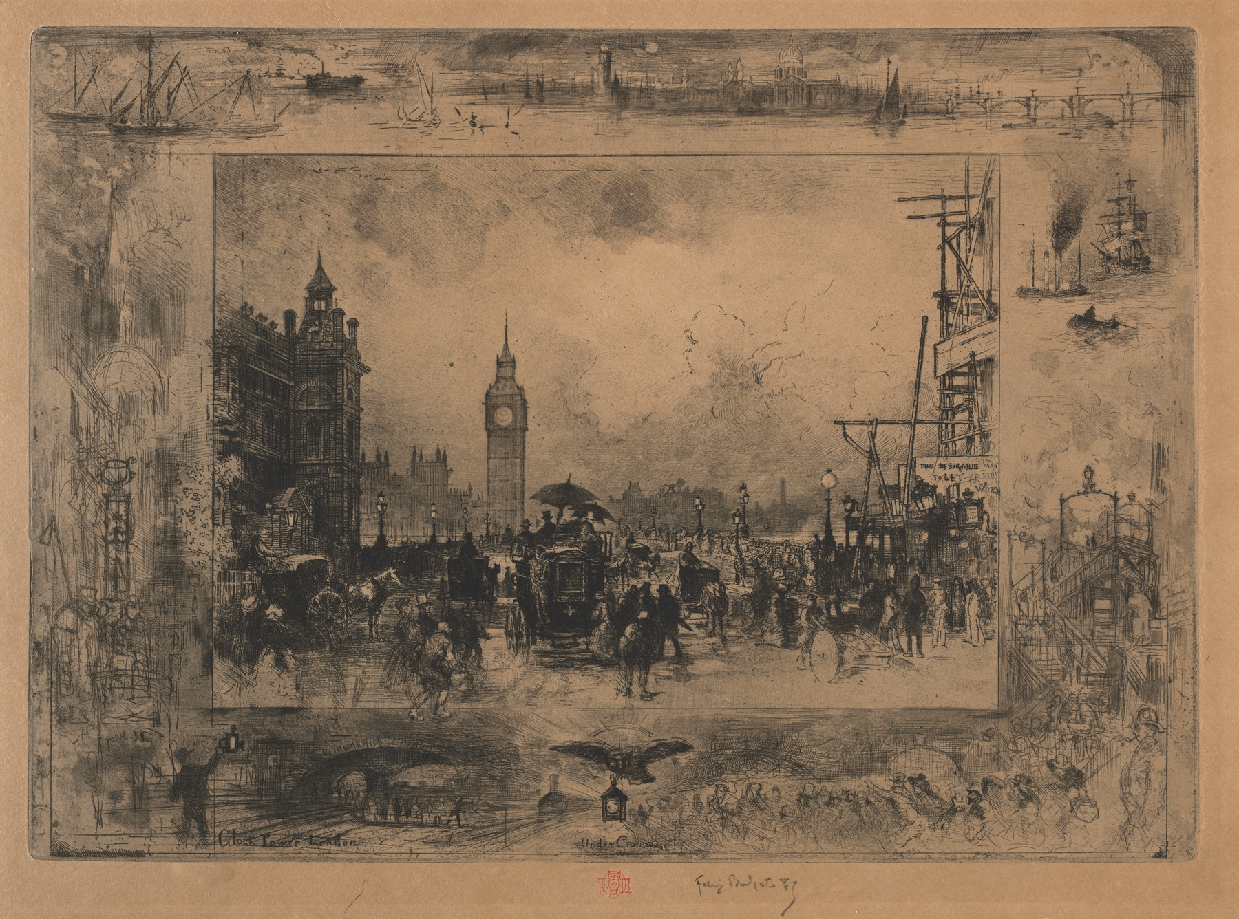 Watercolour by Félix Hilaire Buhot depicting Westminster Tower and the river Thames