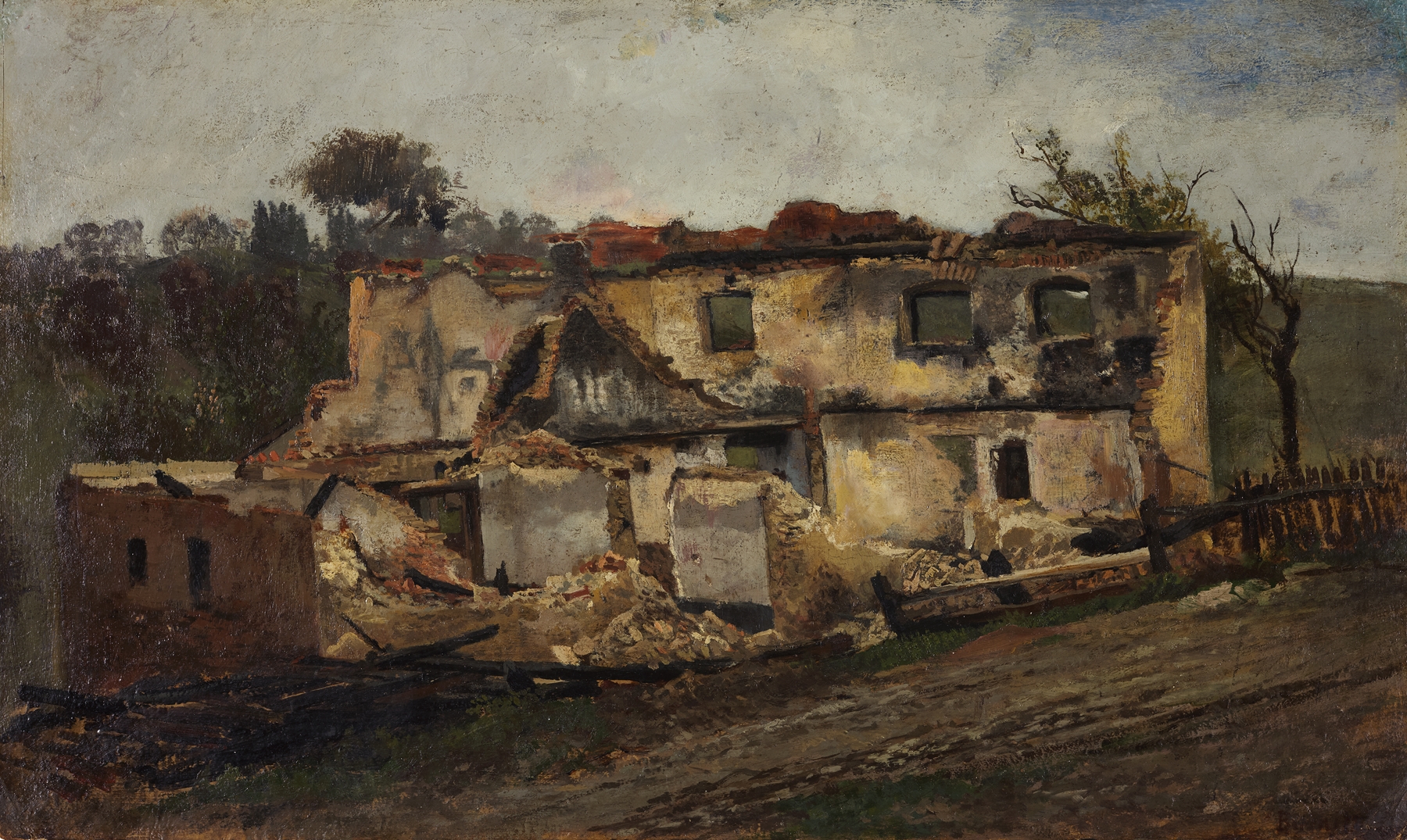 Destroyed House by Peter Burnitz, oil painting depicting jagged ruins and shadows.