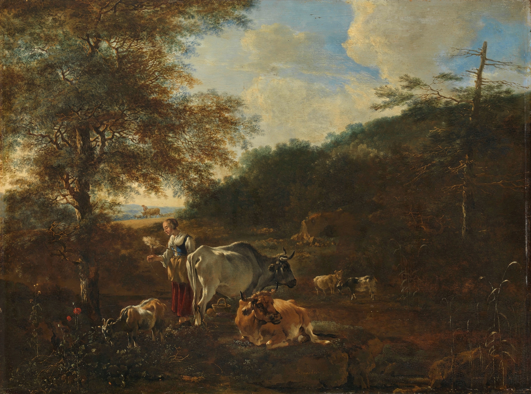 Landscape with cattle by Adam Pynacker, oil on canvas, depicting cattle in a lush green pasture.