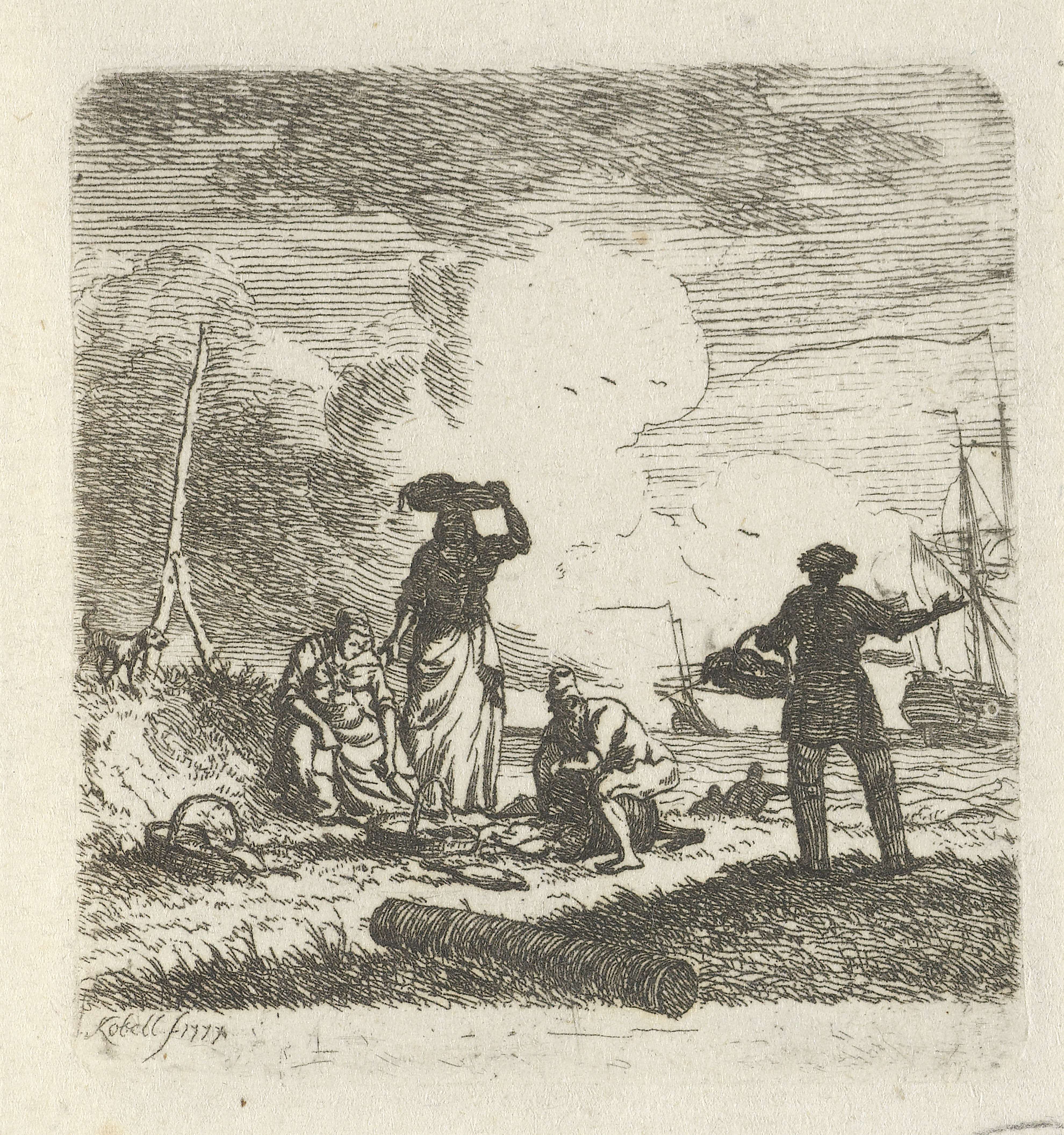 Fishermen casting nets at the beach, etching by Hendrik Kobell