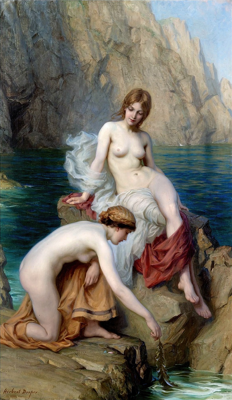 A serene coastal scene with figures enjoying the summer sea.