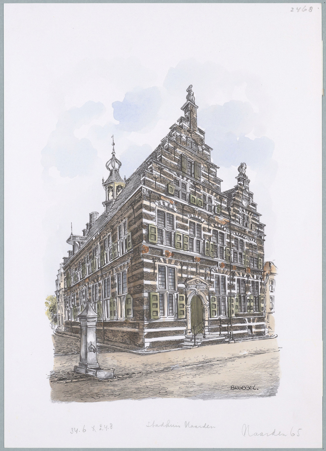 Stadhuis Naarden by Bob Brobbel, oil painting depicting a town hall against a stormy sky