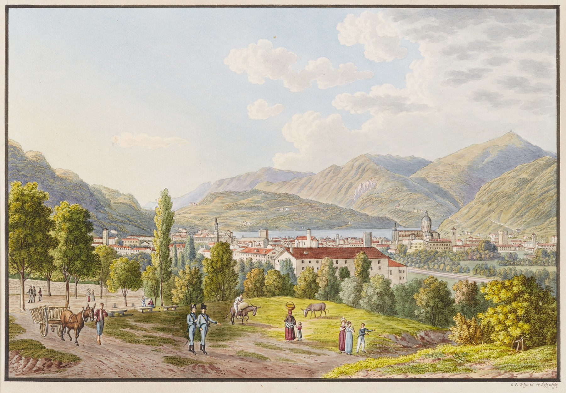 Vista di Como by David Alois Schmid, oil on canvas depicting Lake Como and mountains.