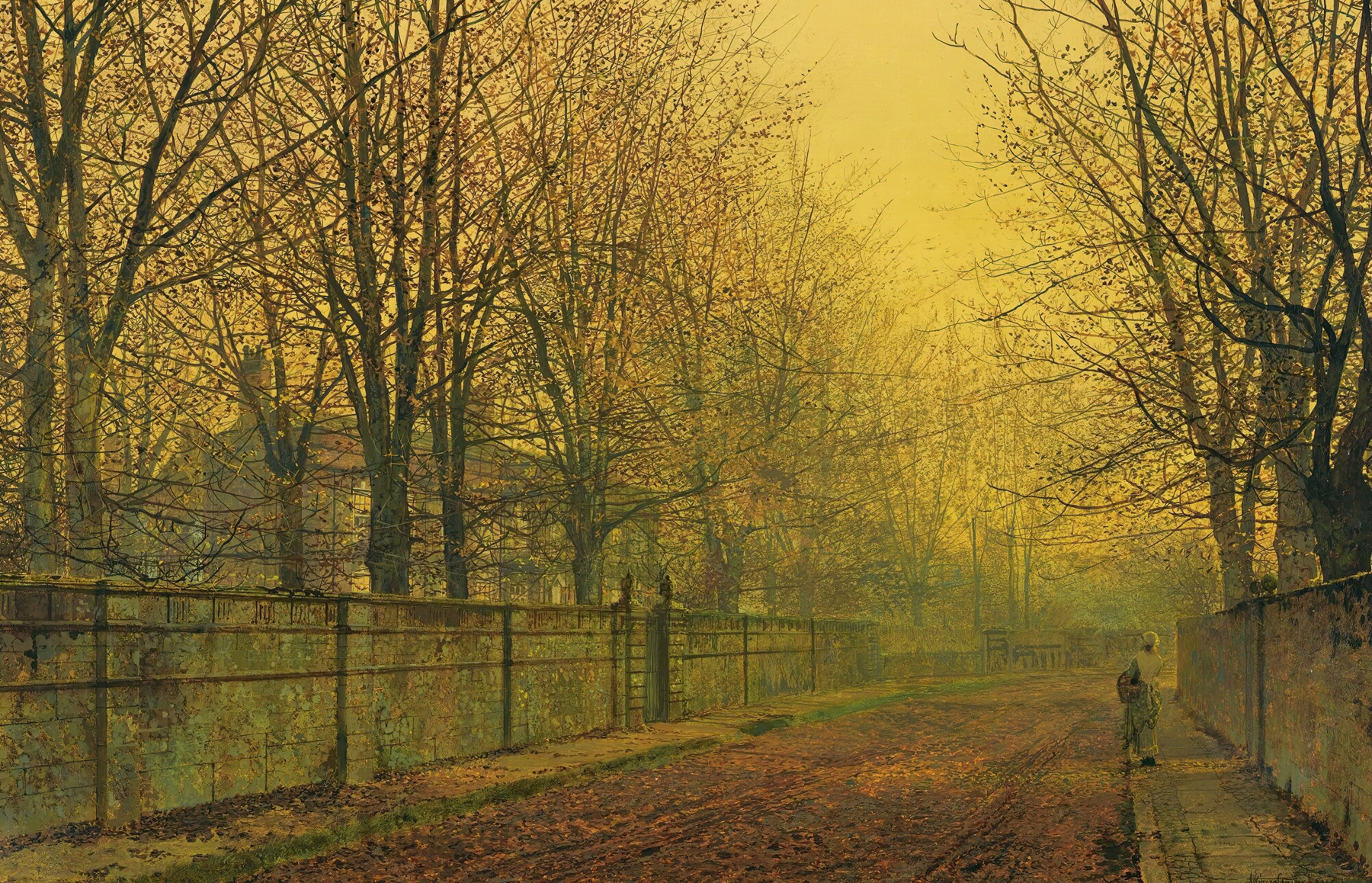 Landscape with autumn foliage in golden light by John Atkinson Grimshaw, oil painting