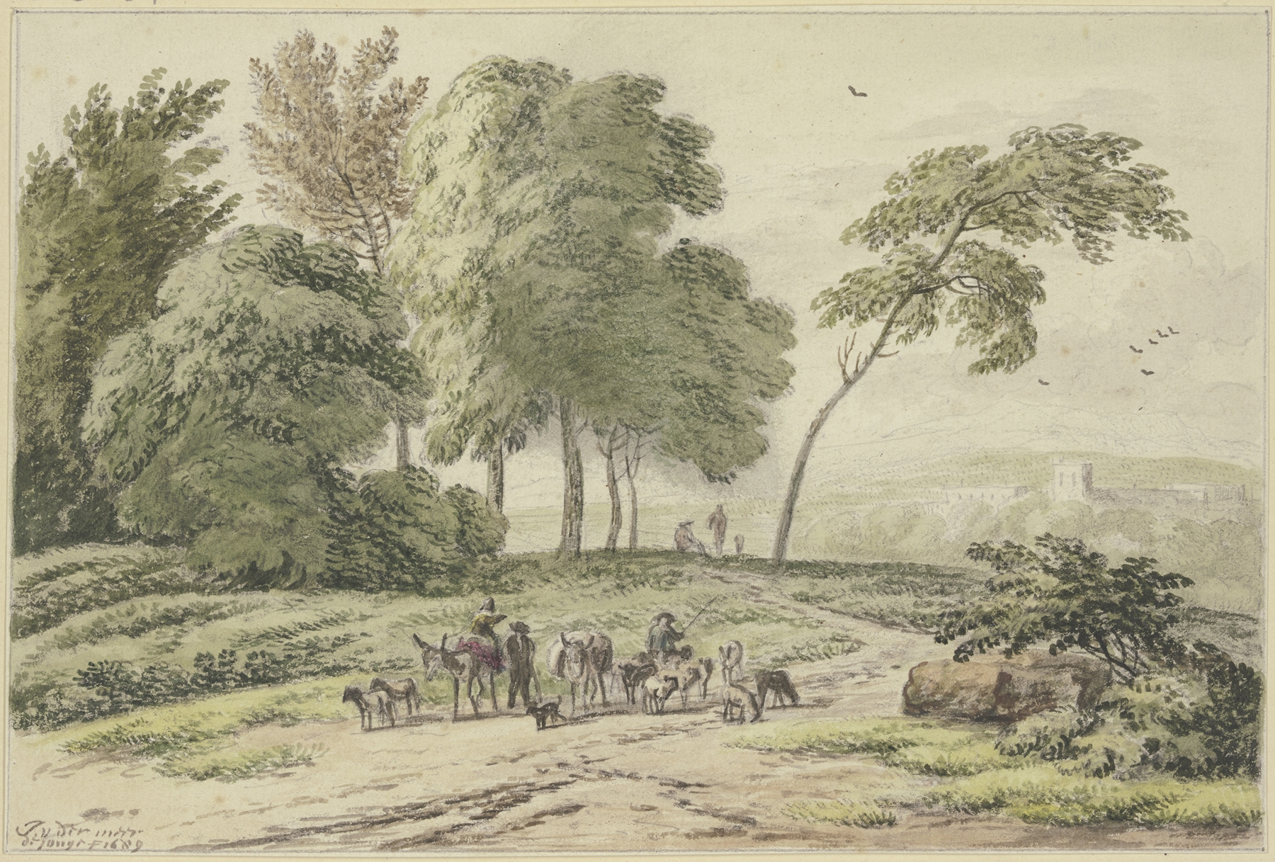 Genre scene with two donkey drivers among trees, oil painting by Jan Vermeer van Haarlem the Elder