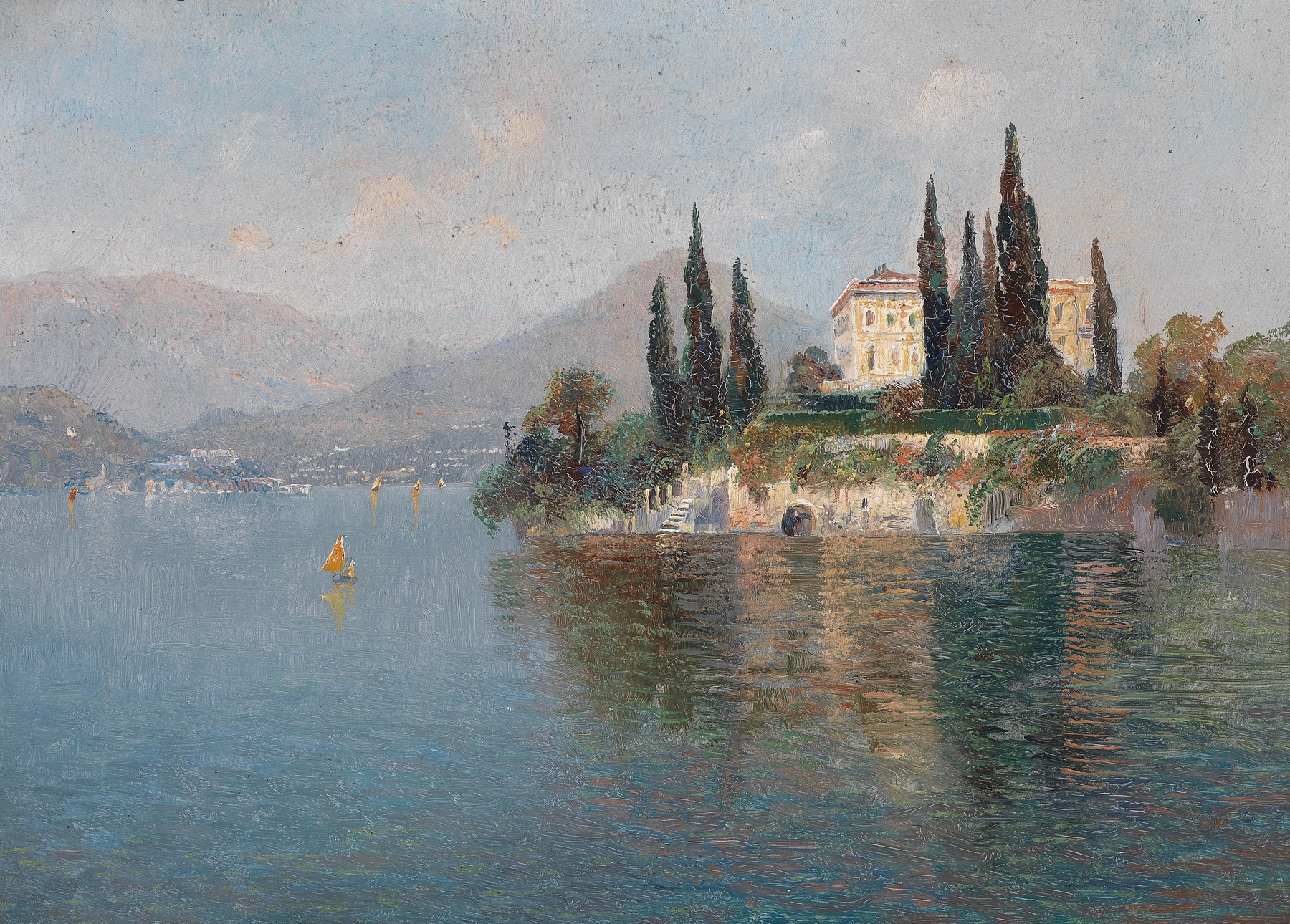 Oil painting by Emilie Mediz-Pelikan featuring Villa Cipressi surrounded by cypress trees.