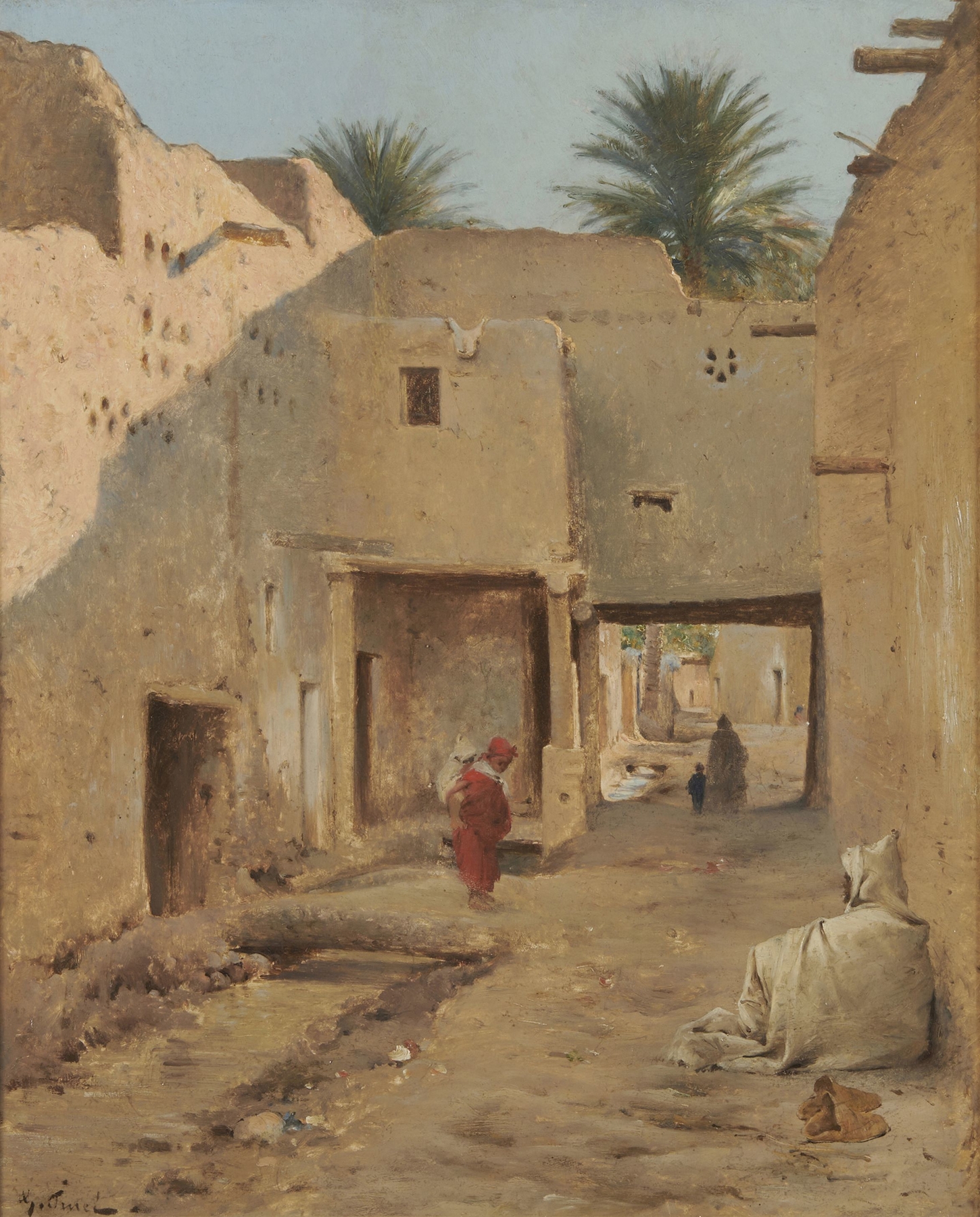 Genre scene depicting figures strolling under trees in soft colors by Gustave Nicolas Pinel